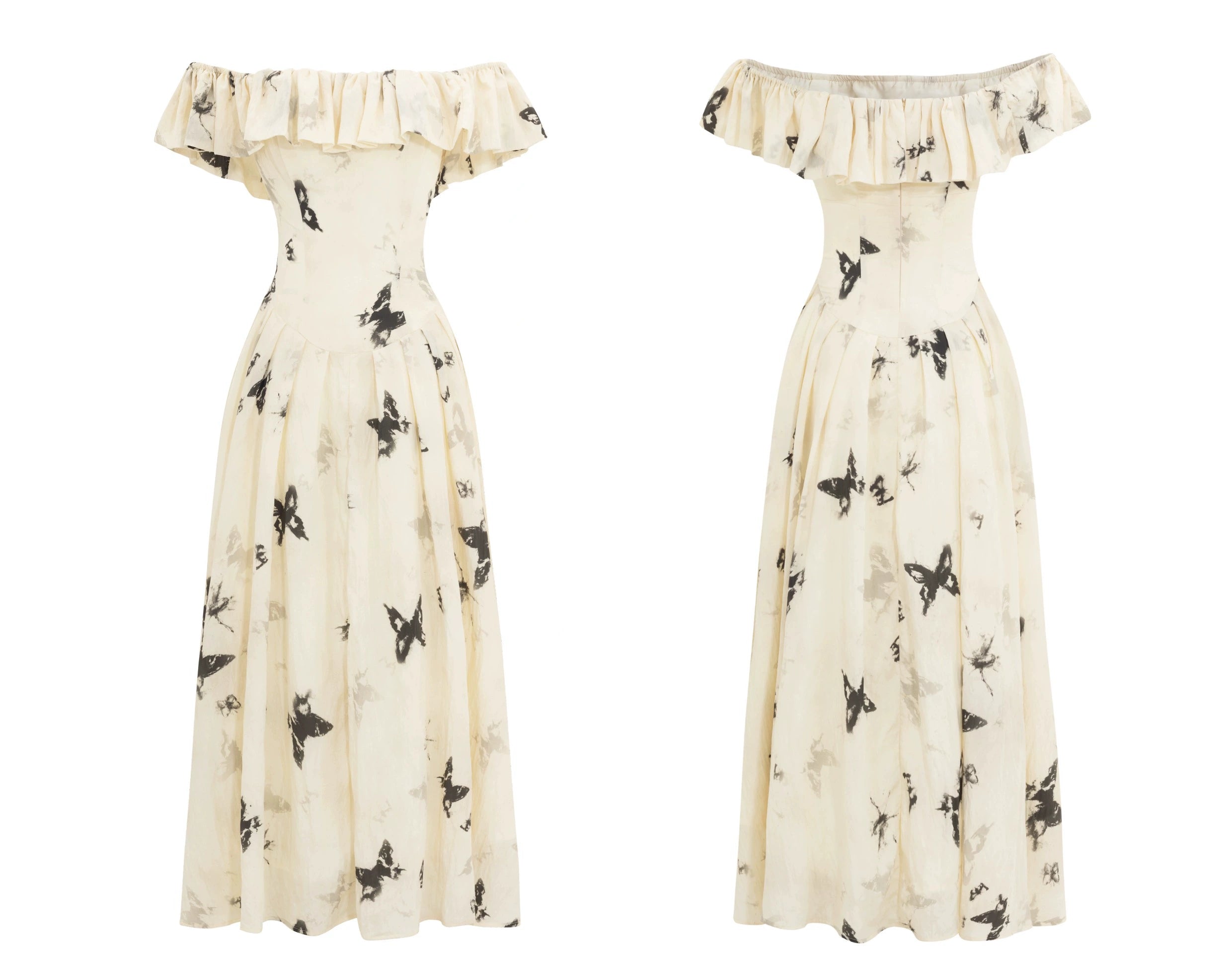 French Ink Butterfly Print Off-Shoulder Dress - chiclara