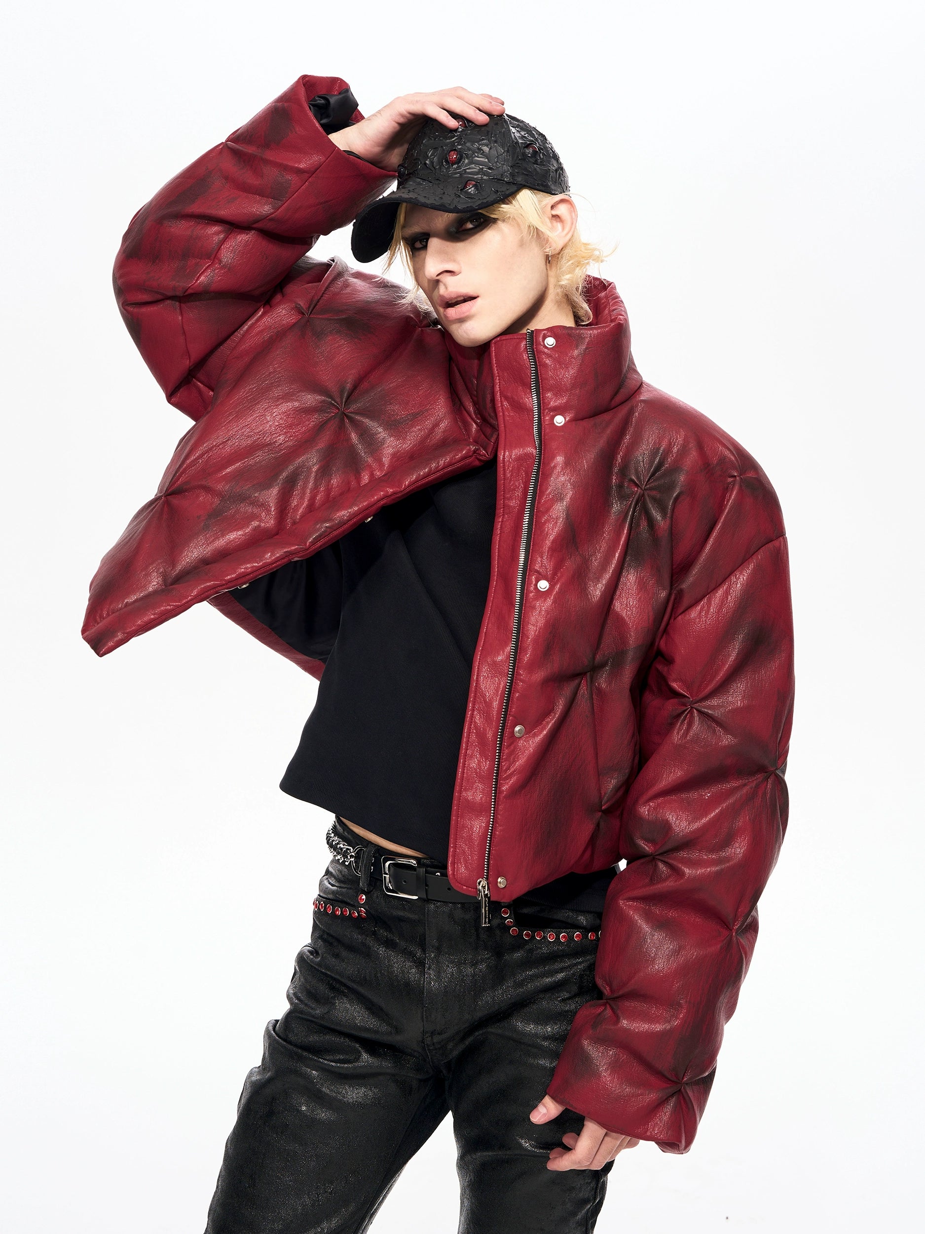 Crimson Storm Oversized Leather Puffer Jacket