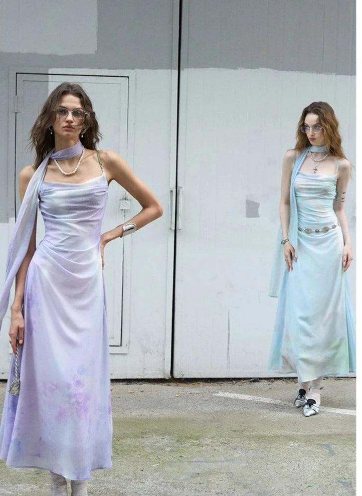 Of Akiva Ethereal Watercolor Maxi Dress - Women'S Spaghetti Strap A-Line Gown With Asymmetric Scarf Detail