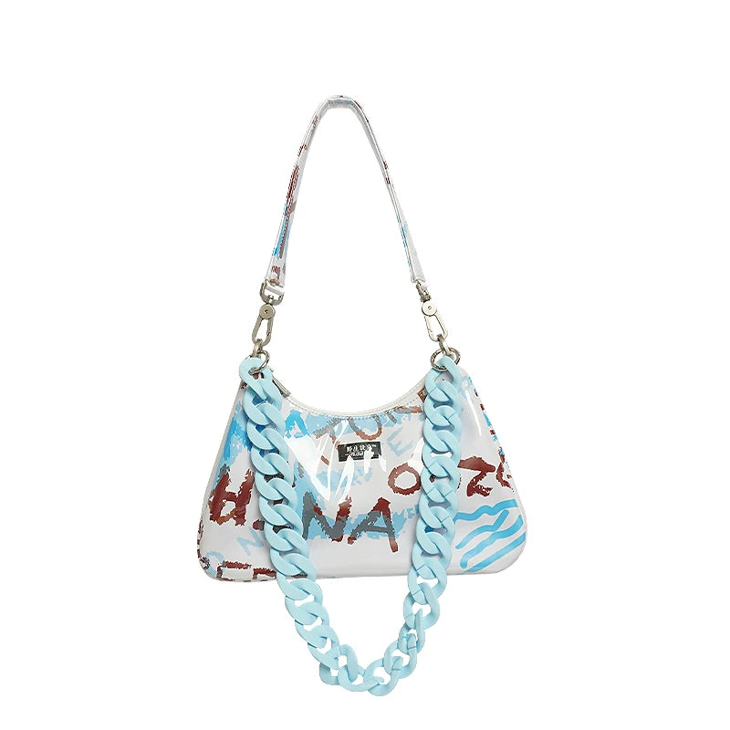 Graffiti Chain Crescent Shoulder Bag - Brown Letter Graffiti