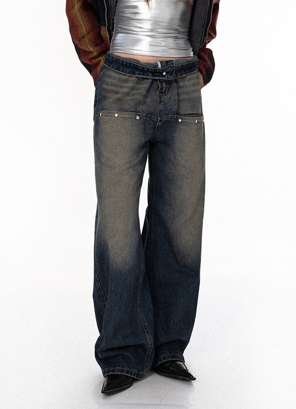Back Offset Print Straight Jeans - chiclara