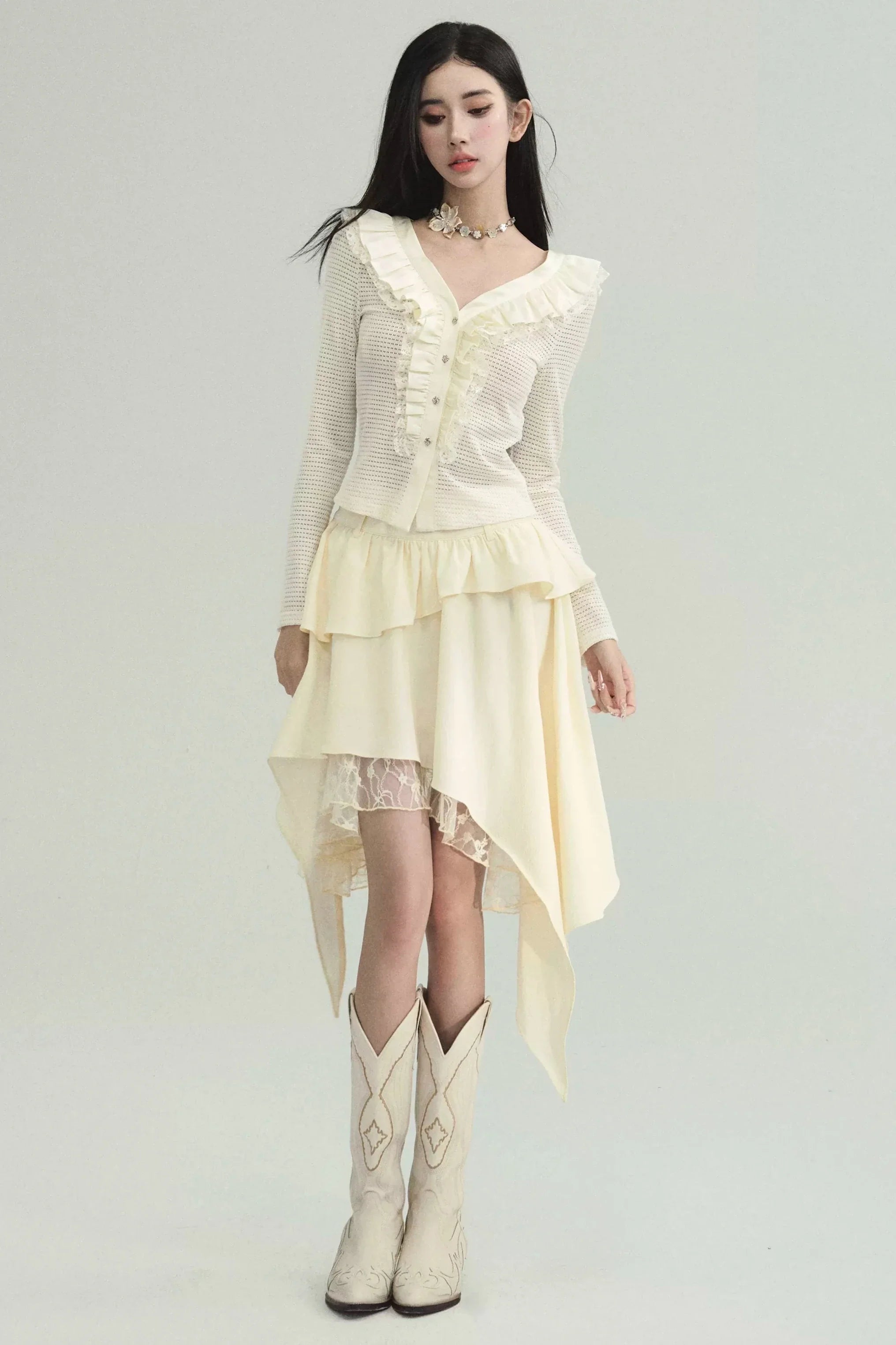 Cream Ruffled Collar Long Sleeve Cardigan