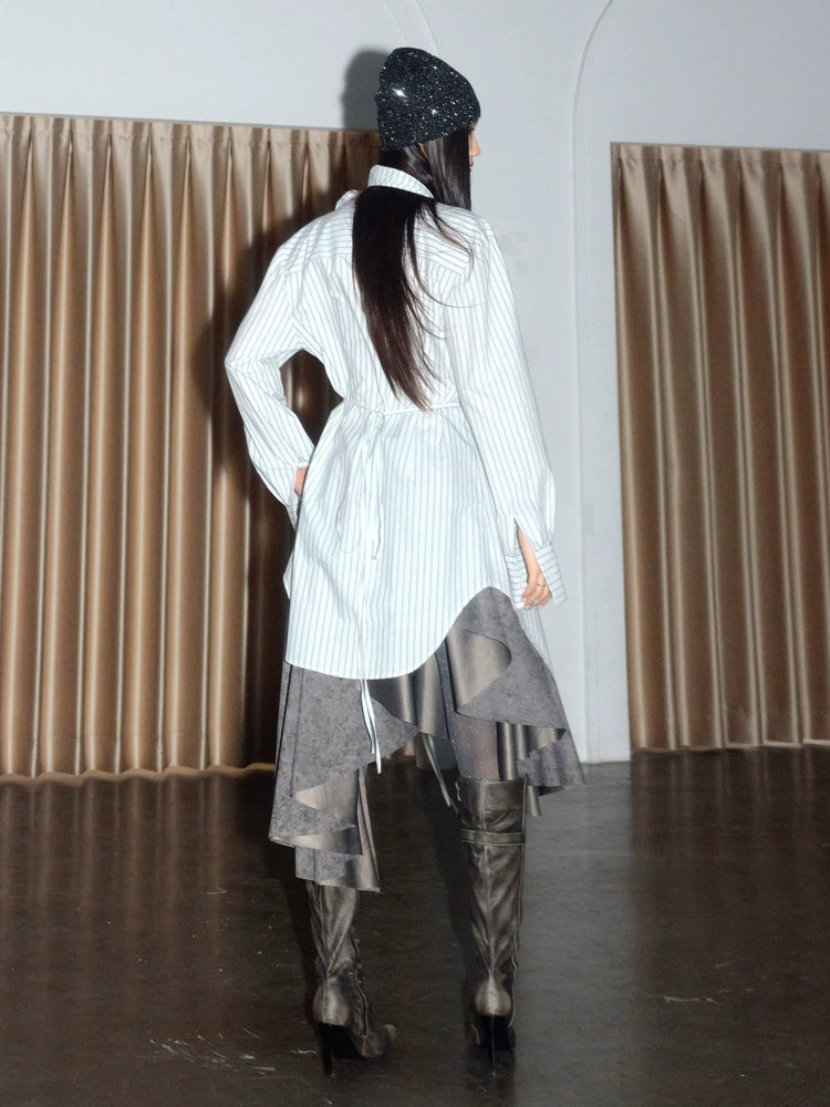 Pinstripe Asymmetric Belted Shirt Dress