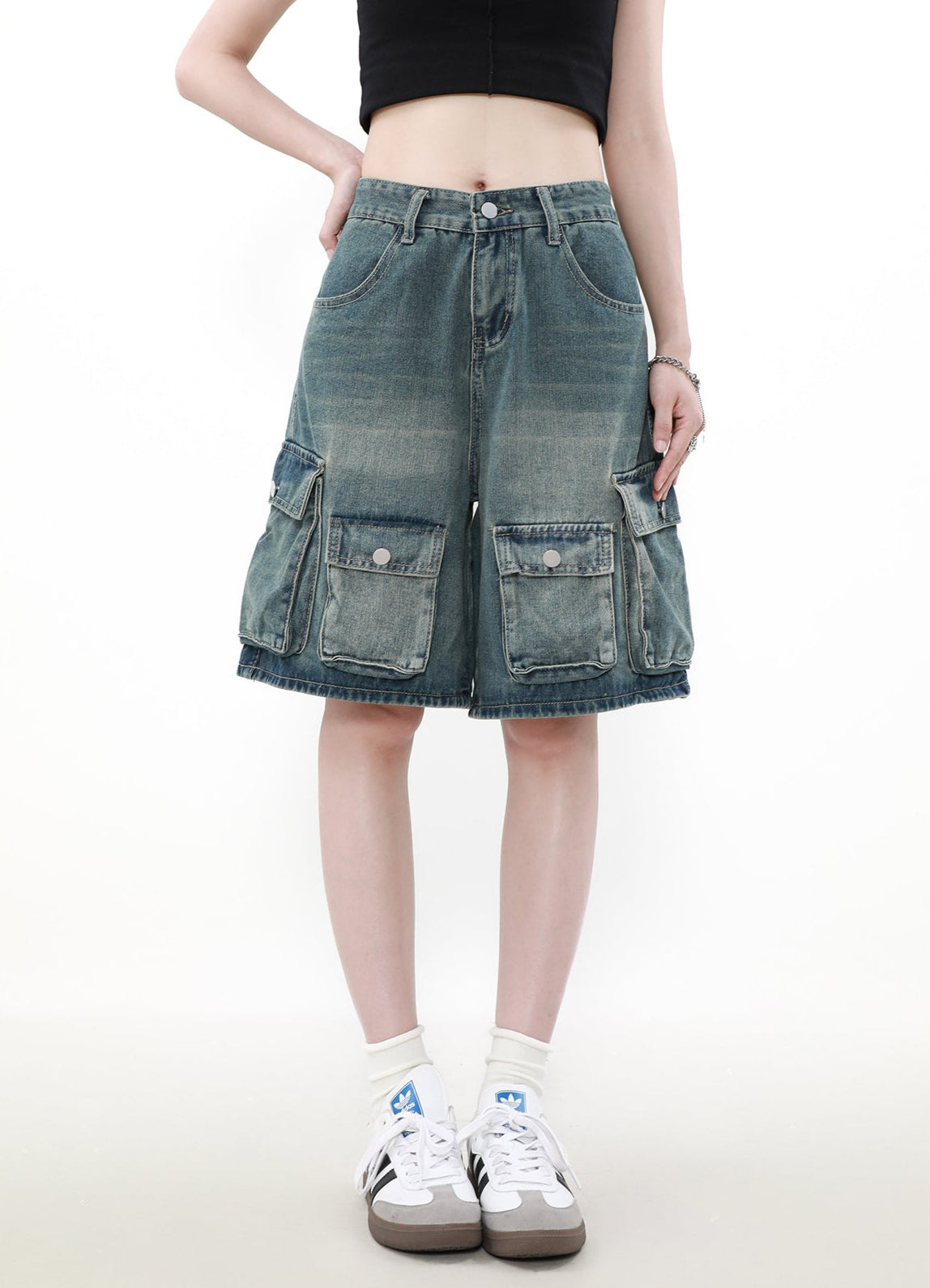 Denim Cargo Shorts with Multiple Utility Pockets