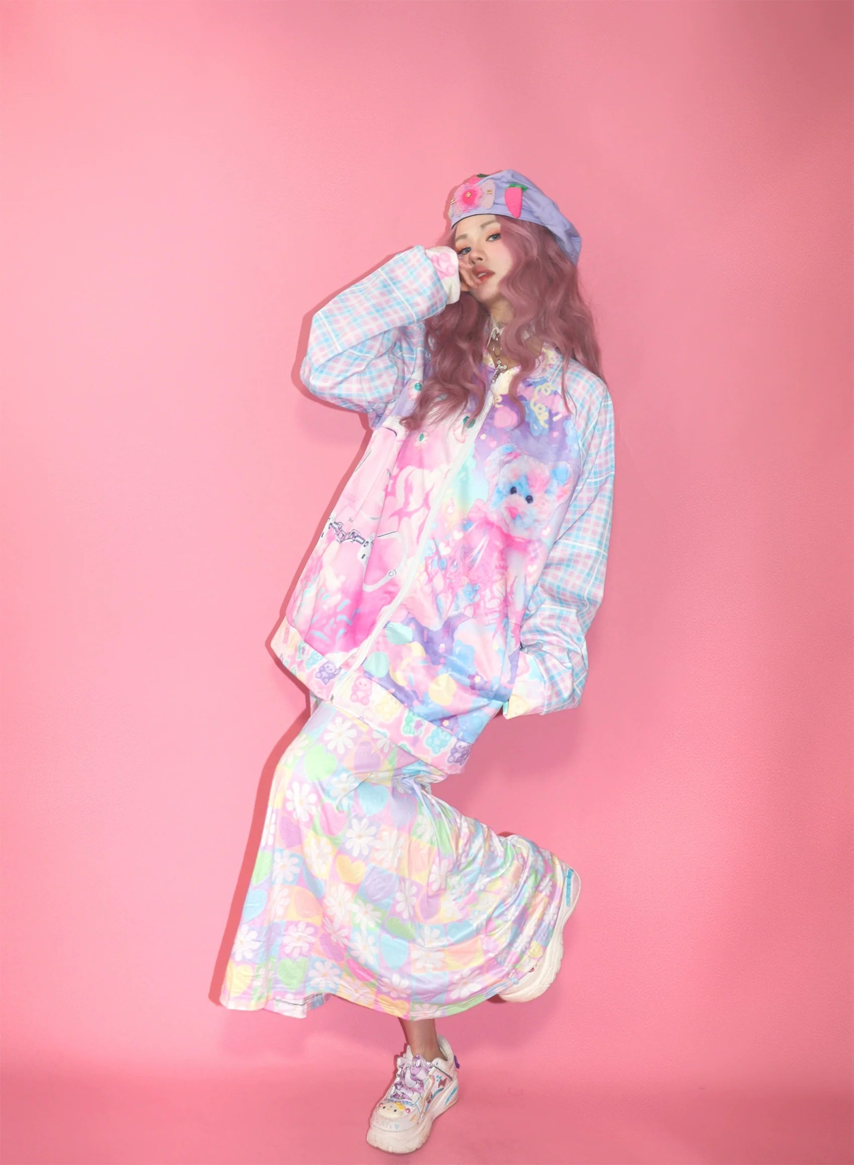 Pastel Dream Plaid Sleeve Bomber Jacket