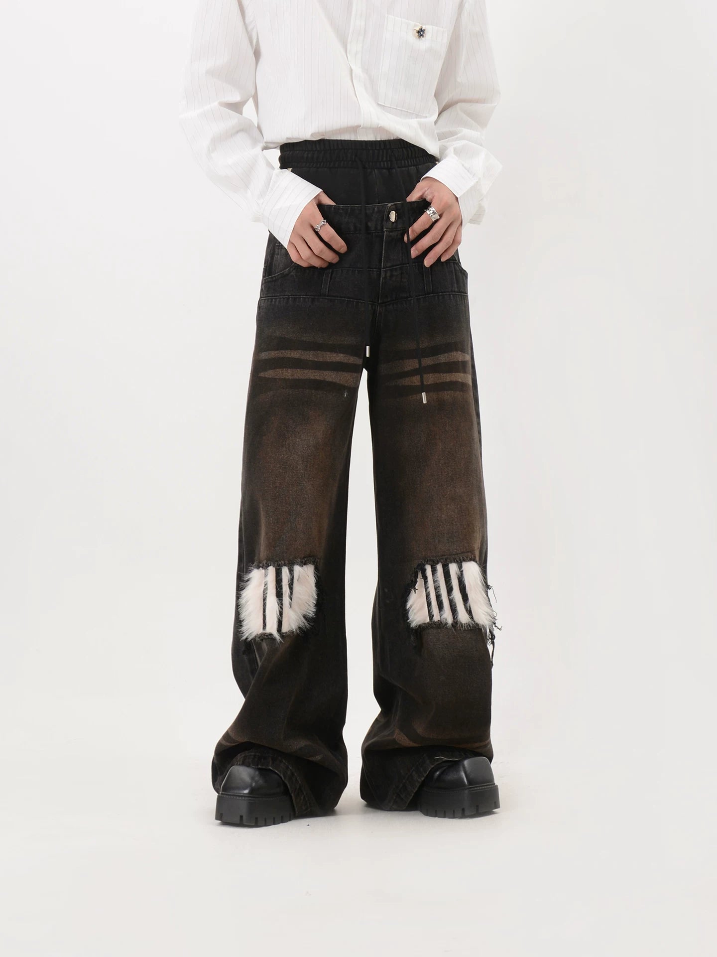 Faux Fur Patch Wide Leg Jeans