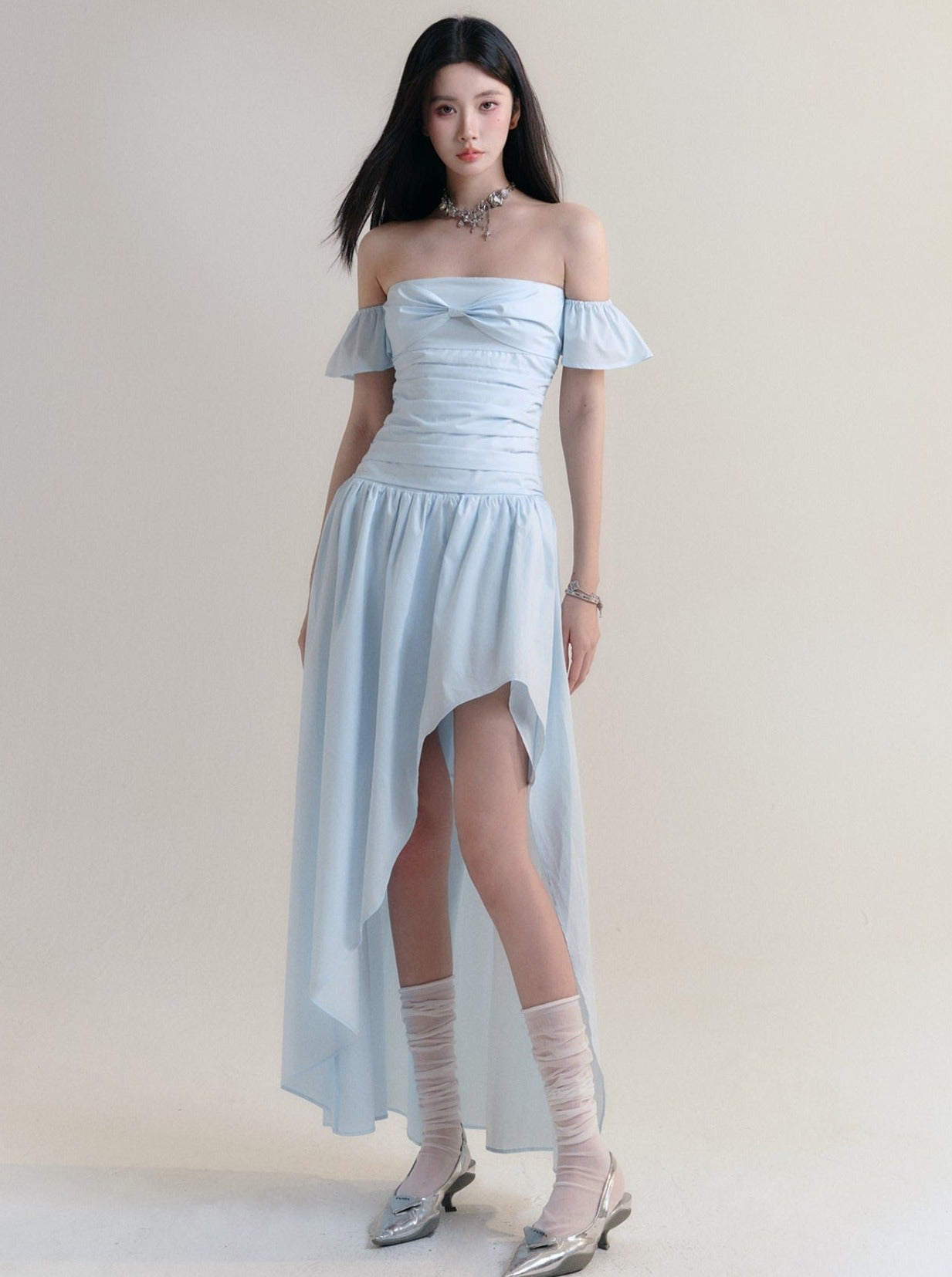 Pale Blue Off-Shoulder Ruched Maxi Dress with Asymmetrical Hem