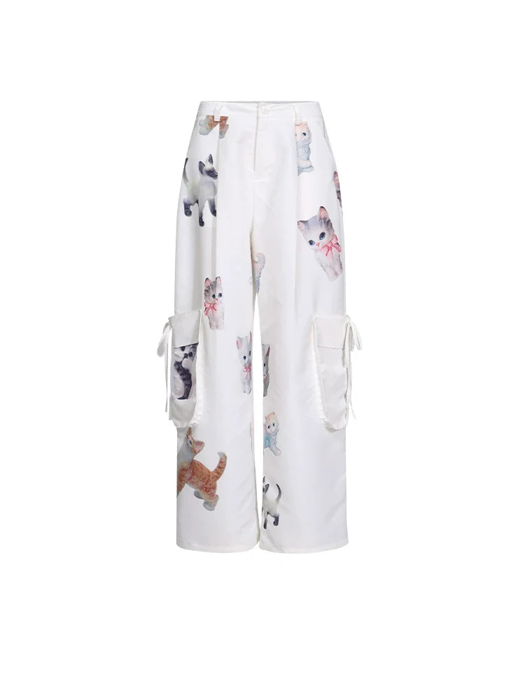 Kawaii Kitten Print Wide-Leg Lounge Pants