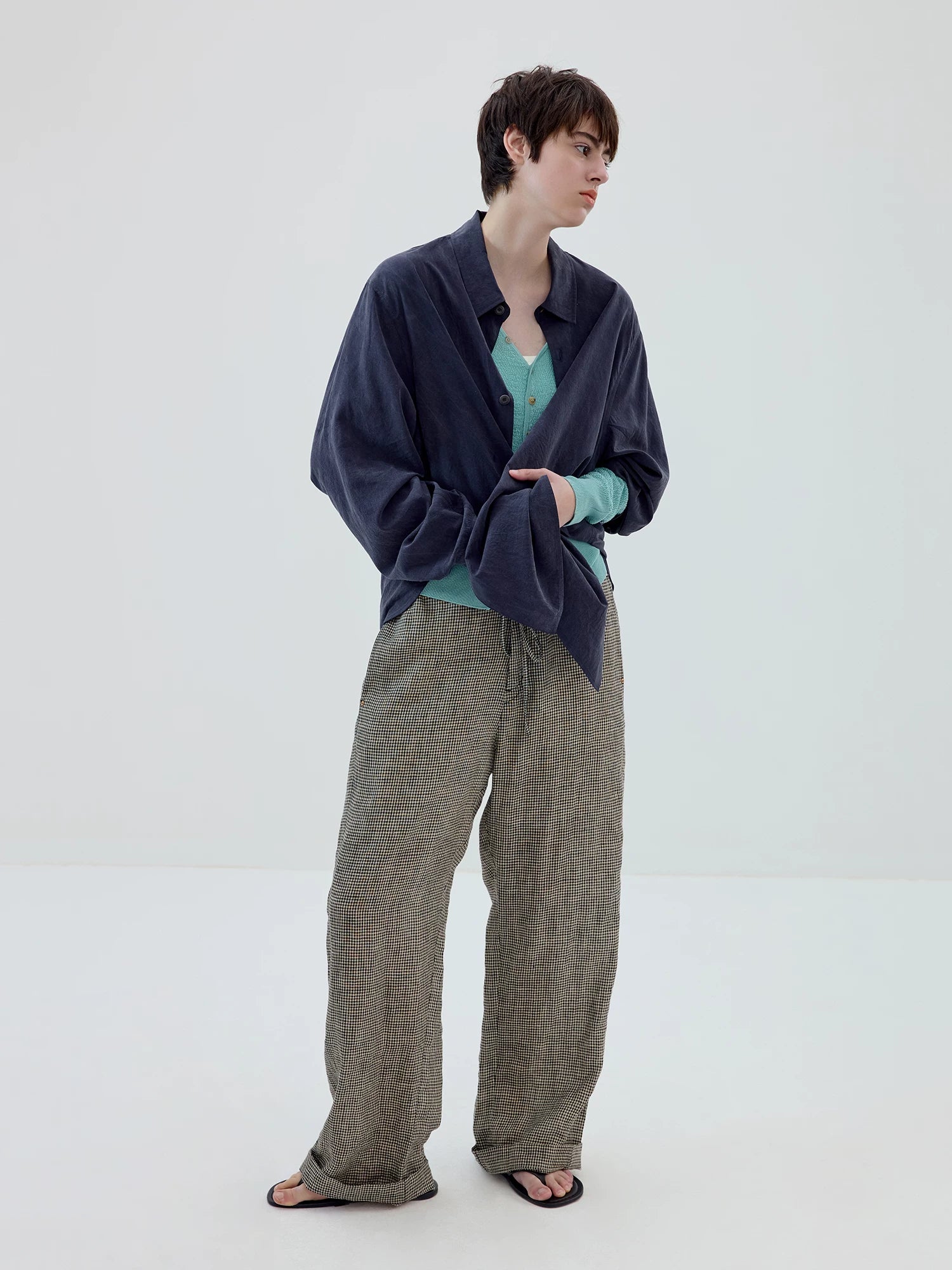 Microcheck Drawstring Wide-Leg Pants