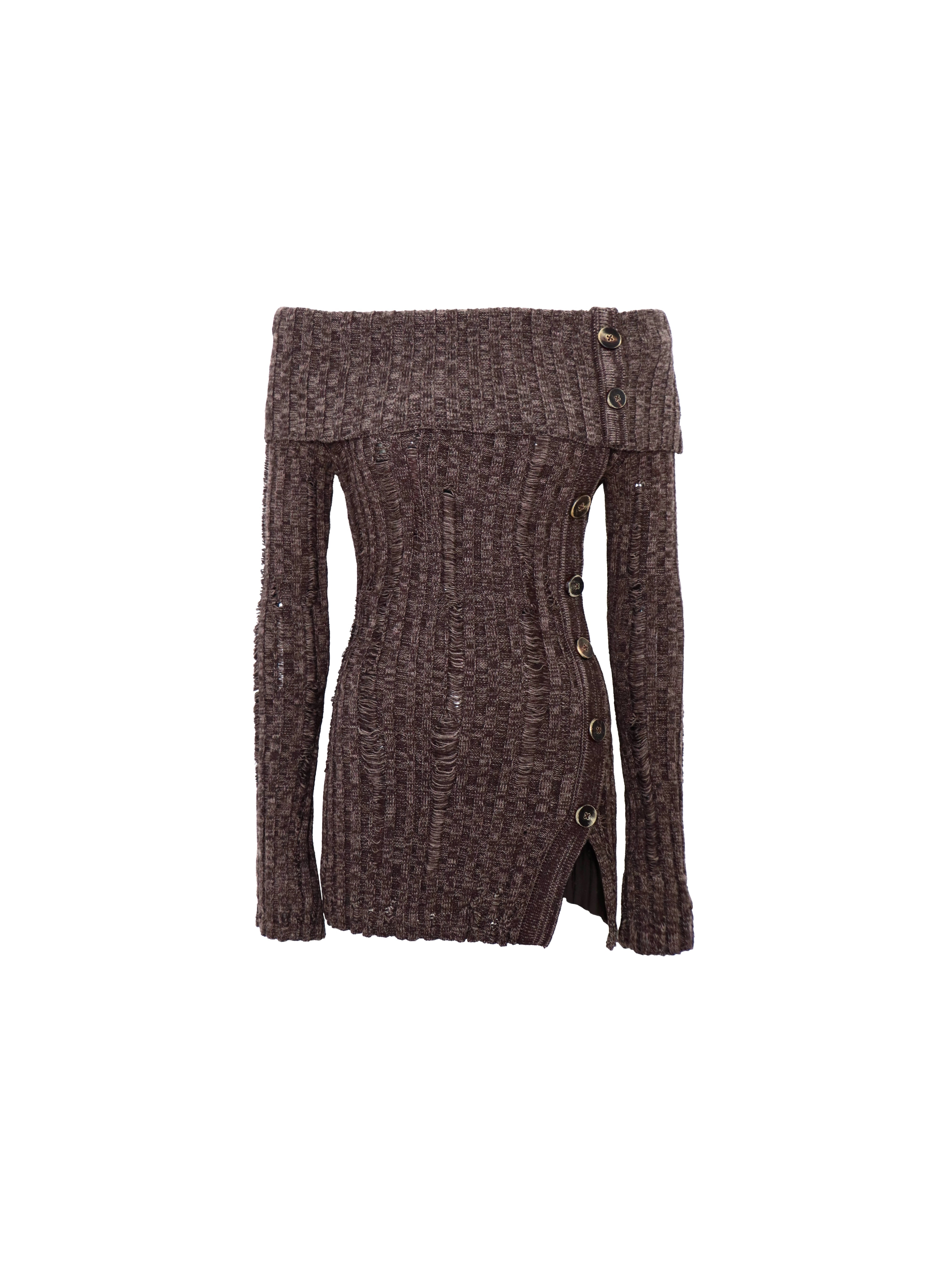 Cocoa Hearth Off‑Shoulder Button Knit Dress