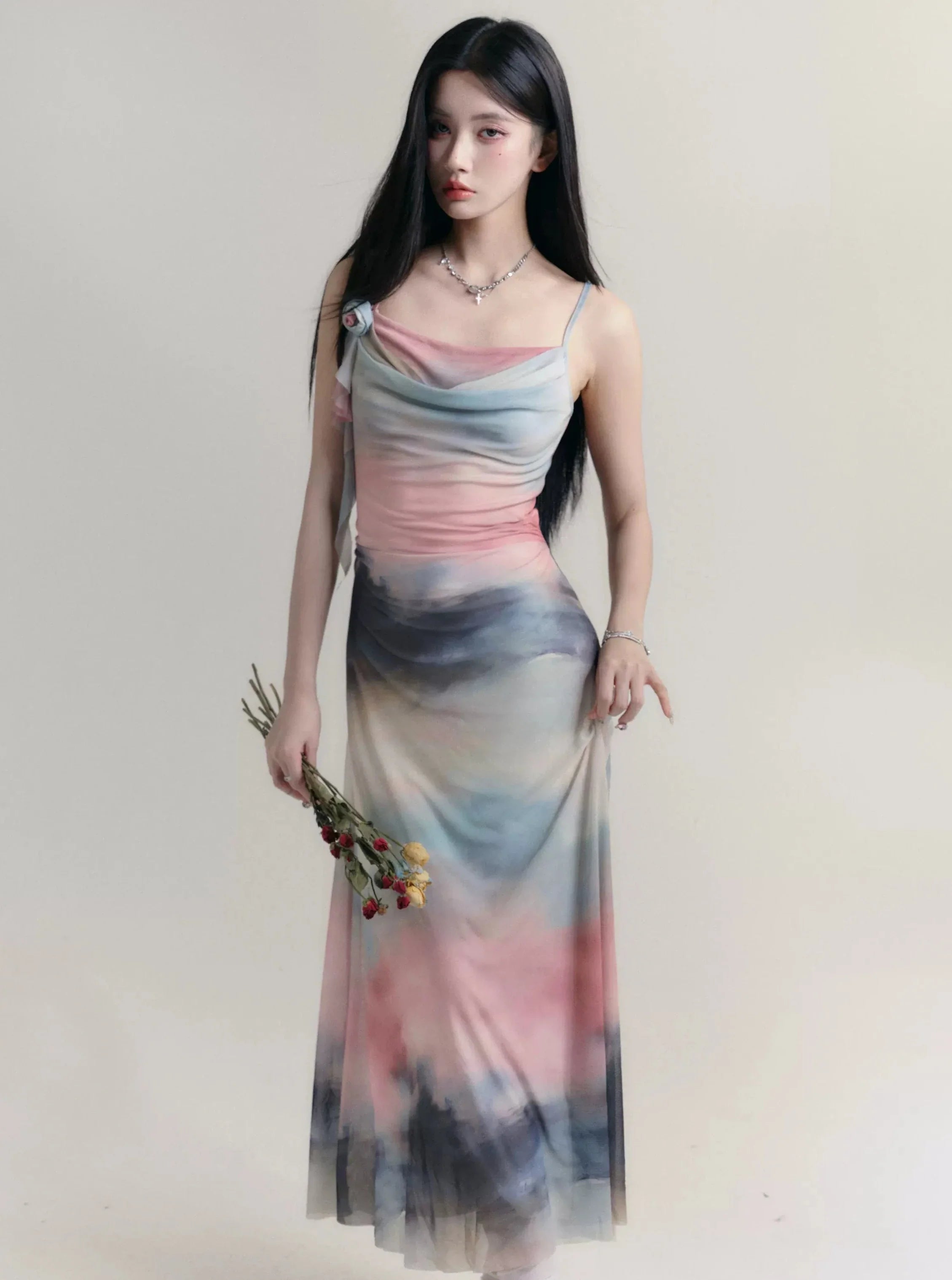 Ethereal Watercolor Maxi Dress: Asymmetric Cowl Neck Ombre Gown in Pastel Hues