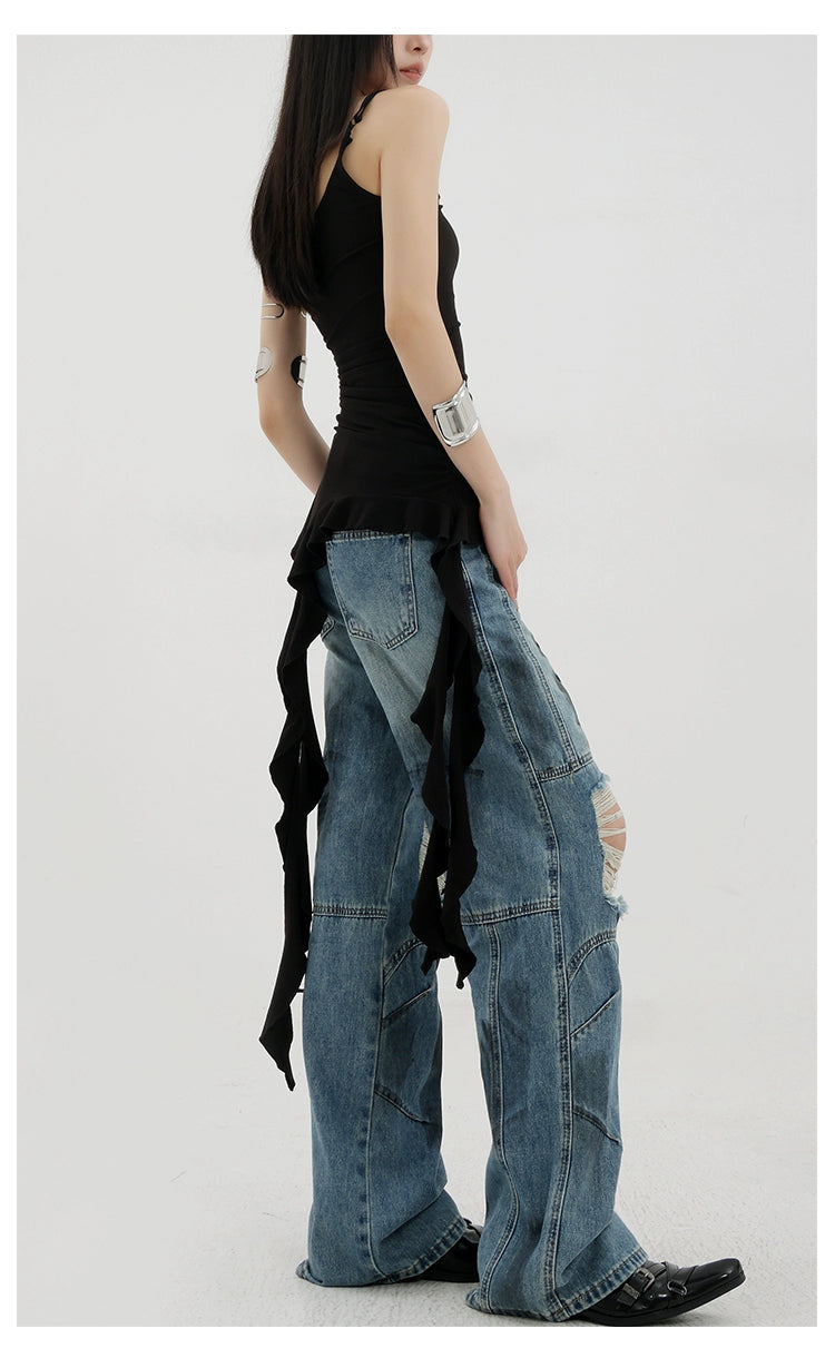 Vintage Distressed And Dirt-Dyed Patchwork Wide-Leg Jeans - chiclara