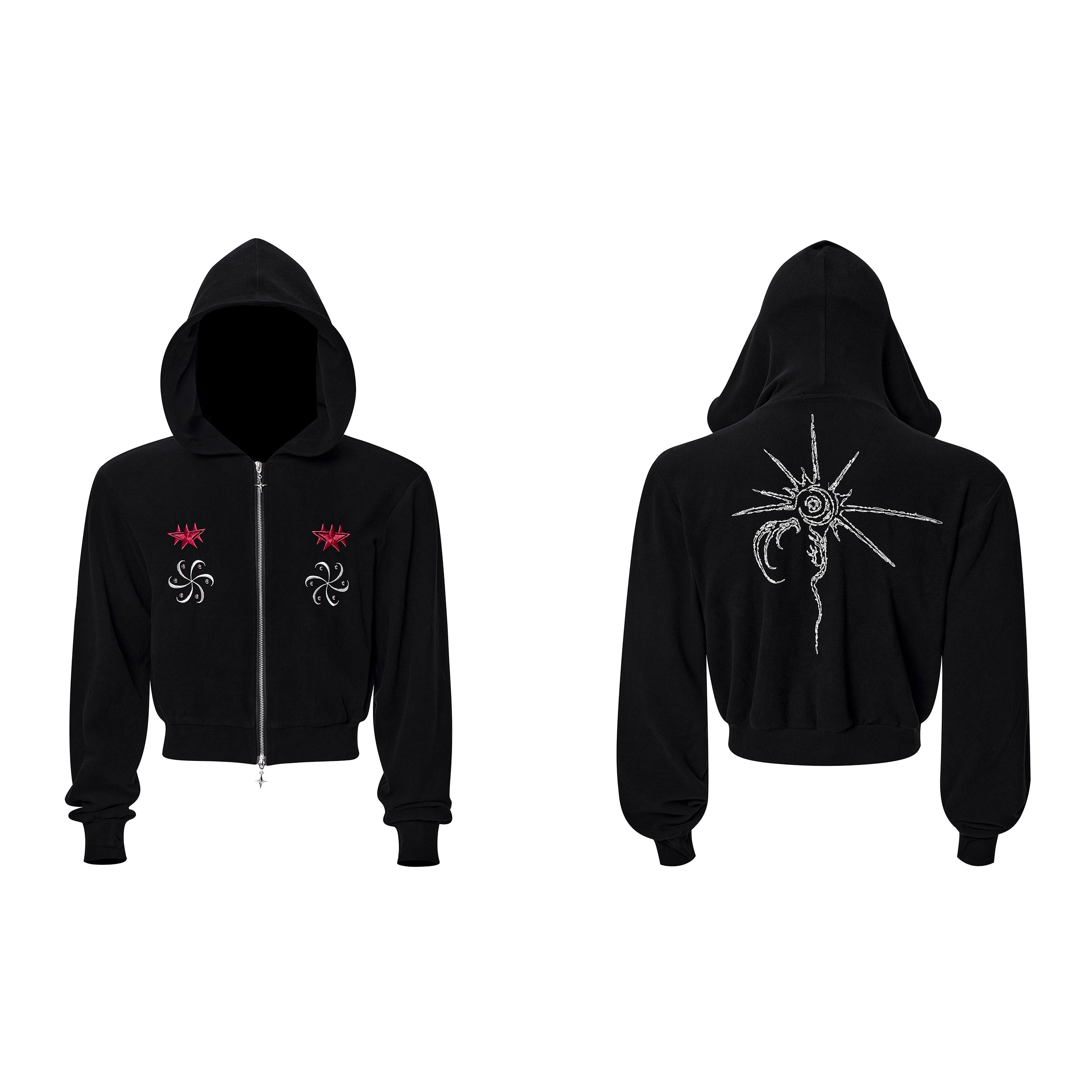 Star Embroidered Black Crop Cardigan and Hoodie