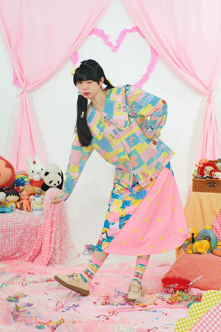 Patchwork Cartoon Print Skirt