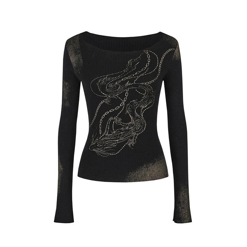 Strike A Pose Women'S Embellished Long Sleeve Top - Black Ribbed Knit Boat Neck Blouse With Abstract Metallic Design