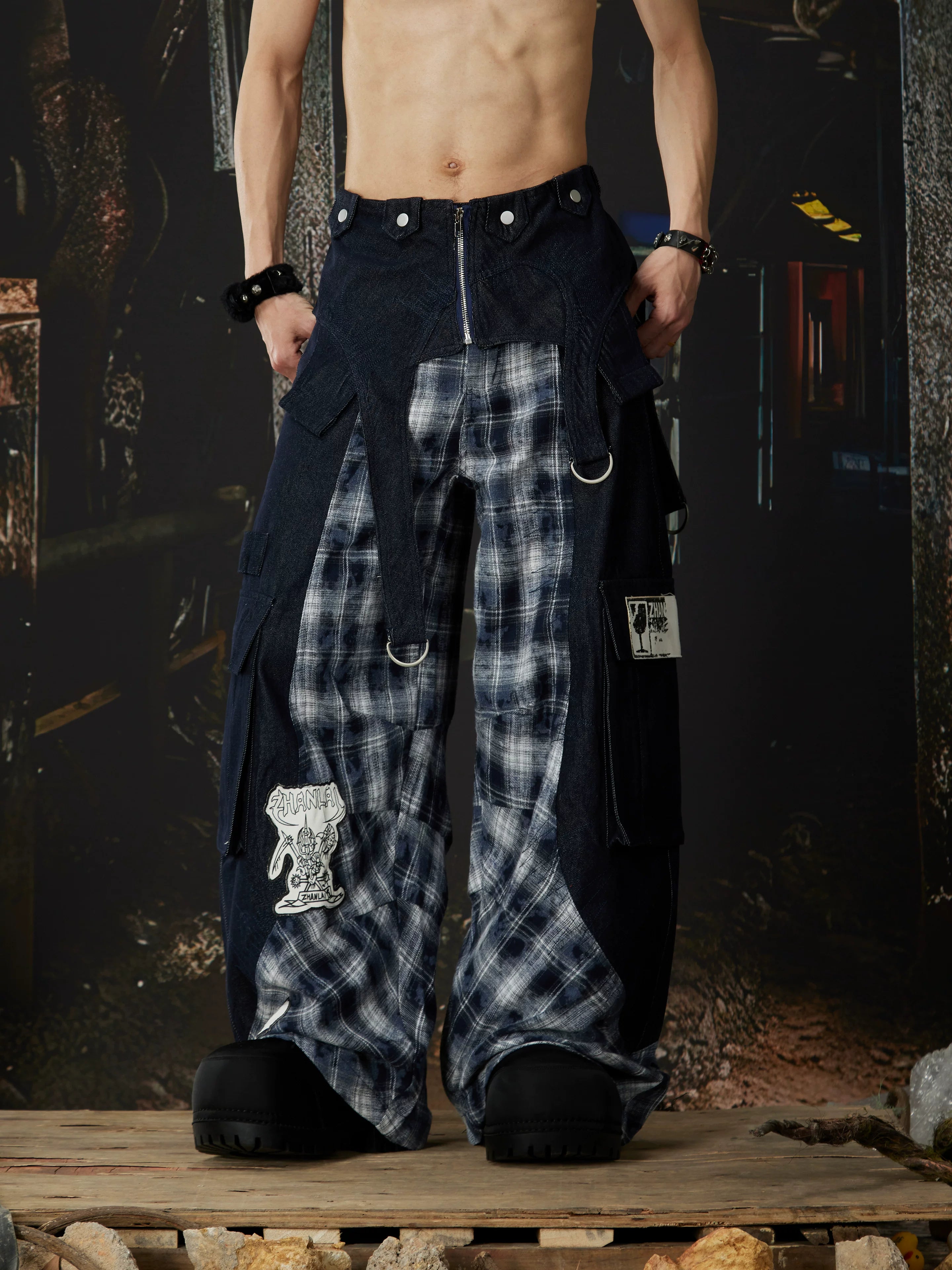 Riot Plaid Layered Trench Cargo Pants