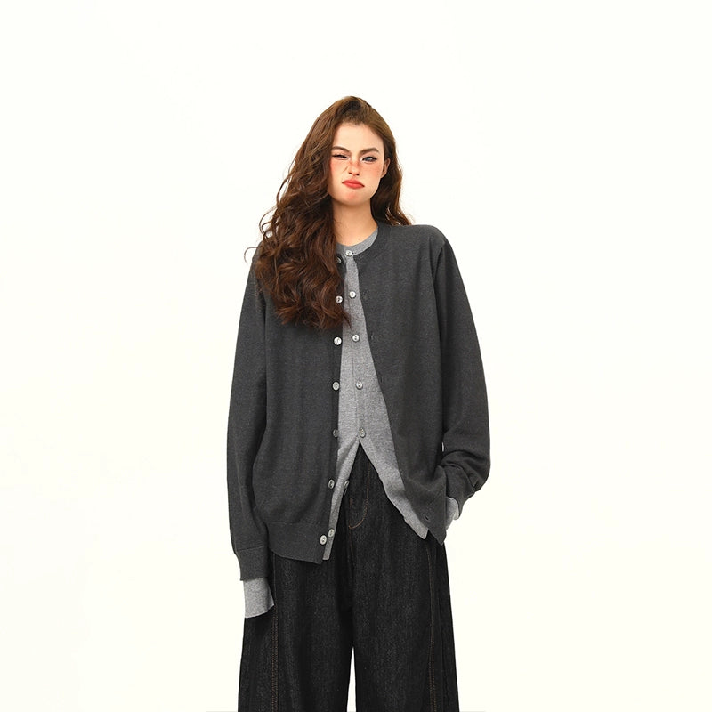 Two-Tone Gray Asymmetric Button Cardigan