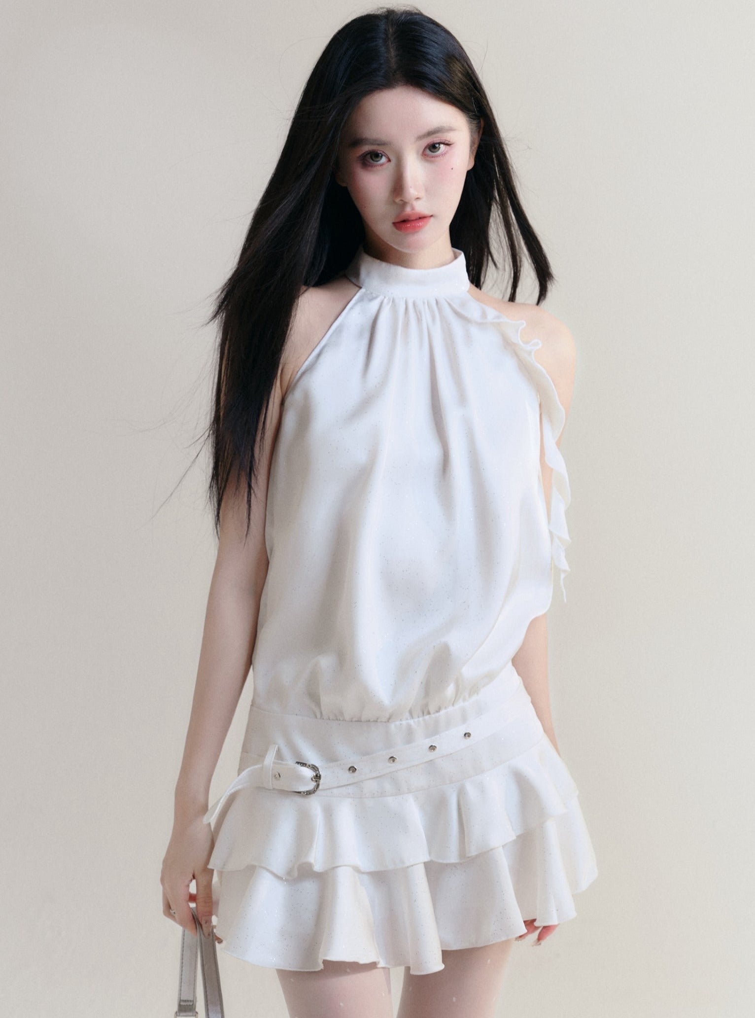 Fragile Heart White Halter Neck Ruffle Mini Dress with Belted Waist