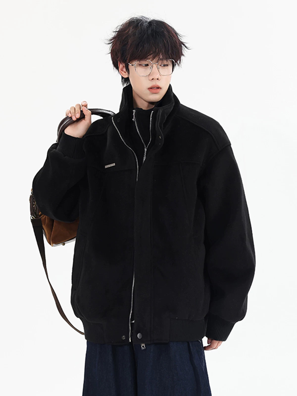Frostloom Stand‑Collar Wool Bomber Jacket