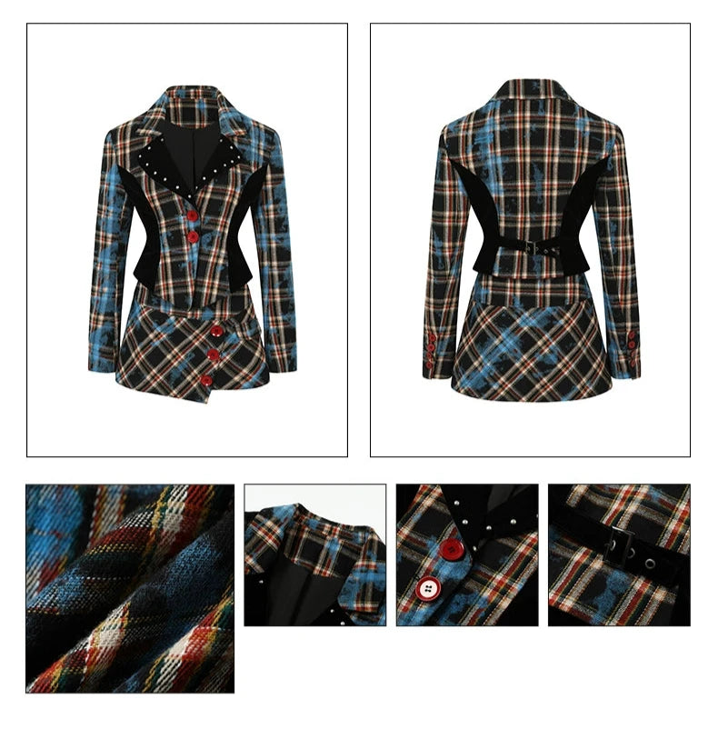 Diet Grrrl Punk Rock Plaid Jacket Set - Studded Collar Blazer With Asymmetric Mini Skirt