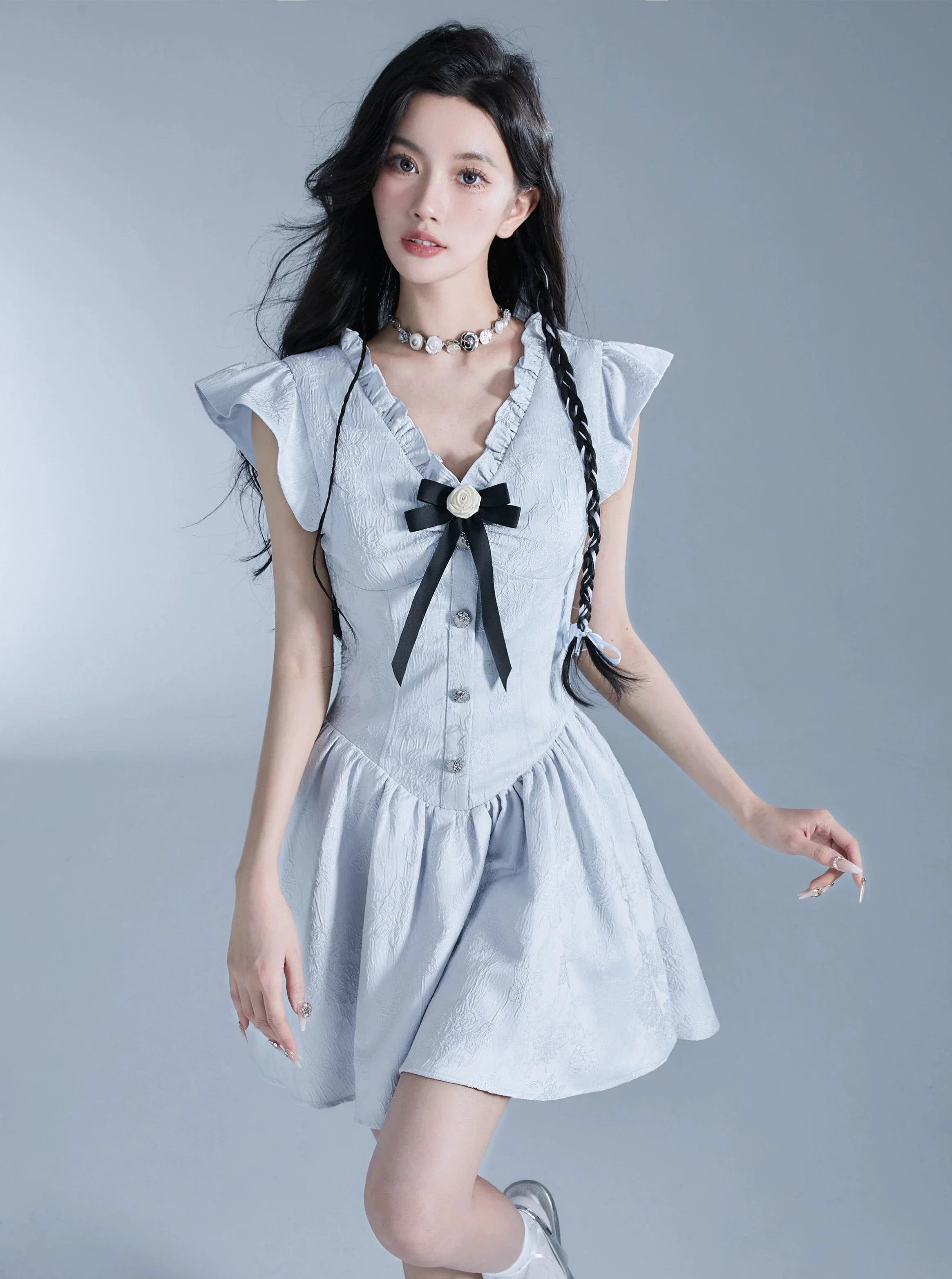 Sweet Lolita Flutter Sleeve Mini Dress with Bow Detail