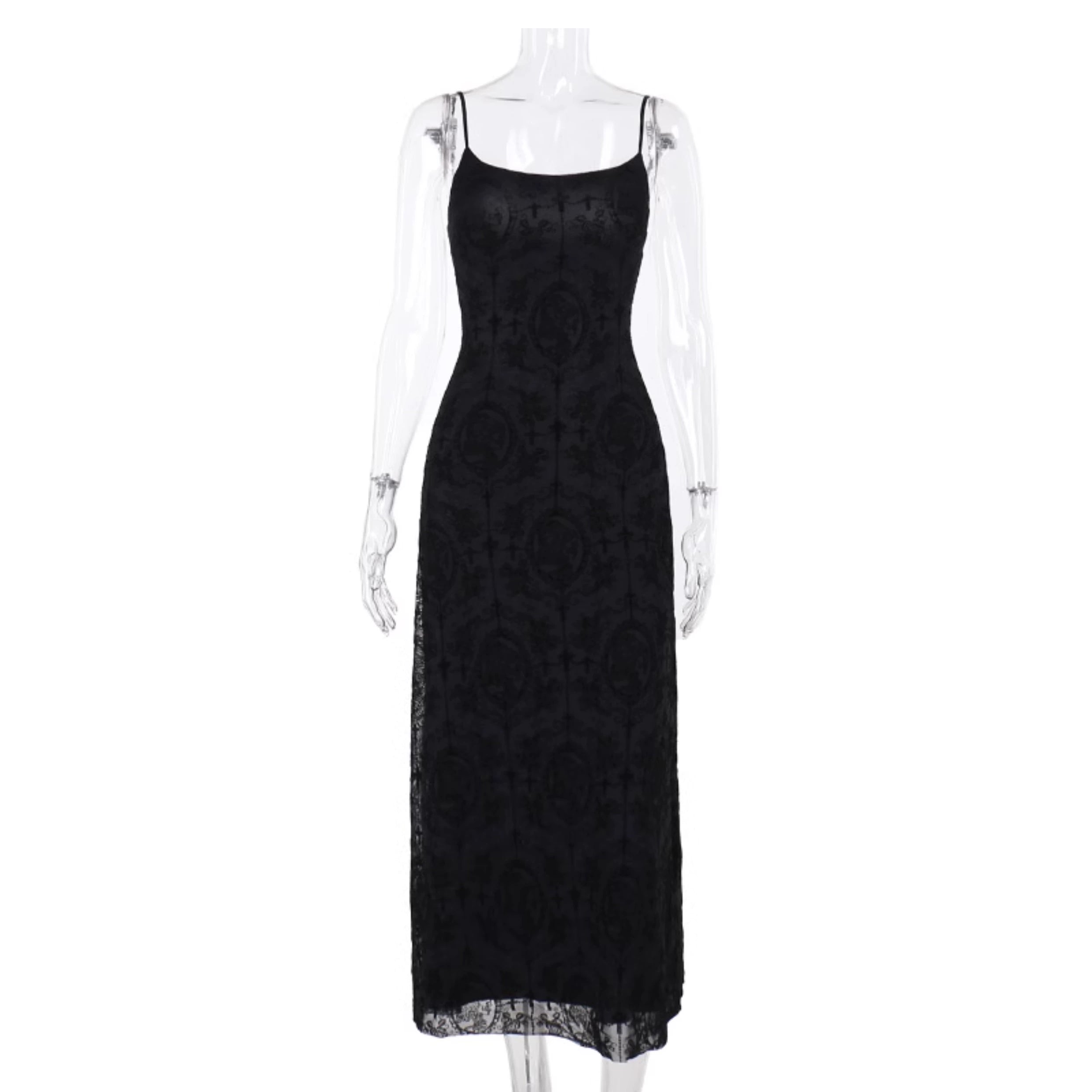 Wannathis Gothic Velvet Maxi Dress - Black Spaghetti Strap Burnout Gown With Lace-Up Arm Warmers