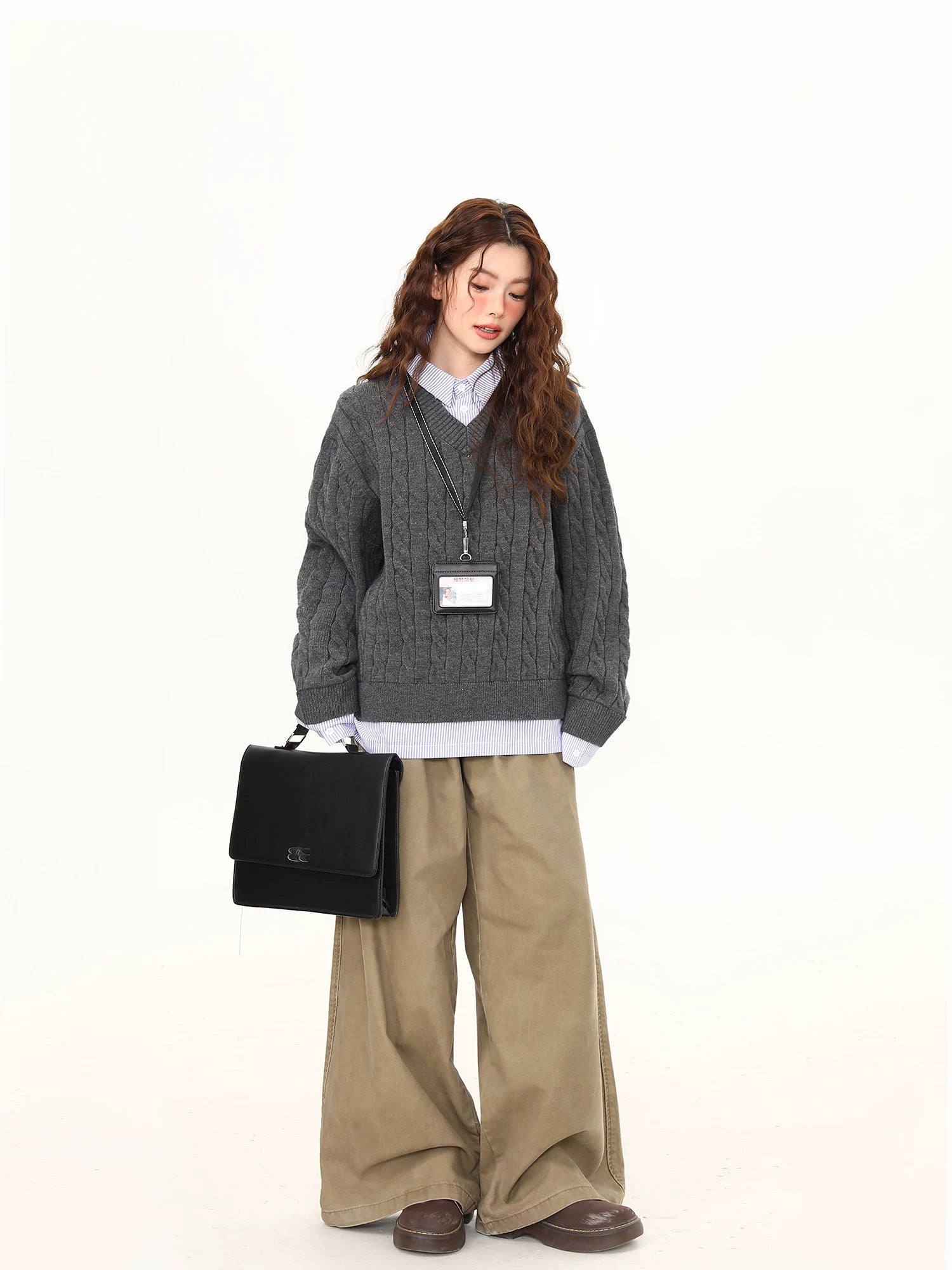 Charcoal Campus Cable Knit Crew Sweater