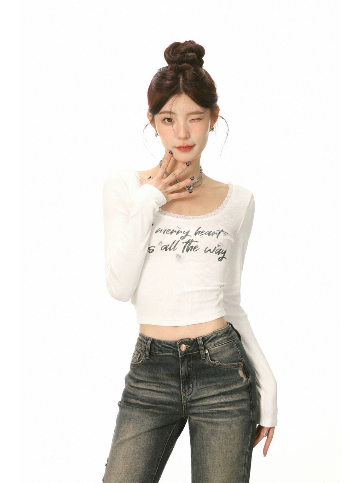 White U-neck Lace Trim Long Sleeve T-shirt