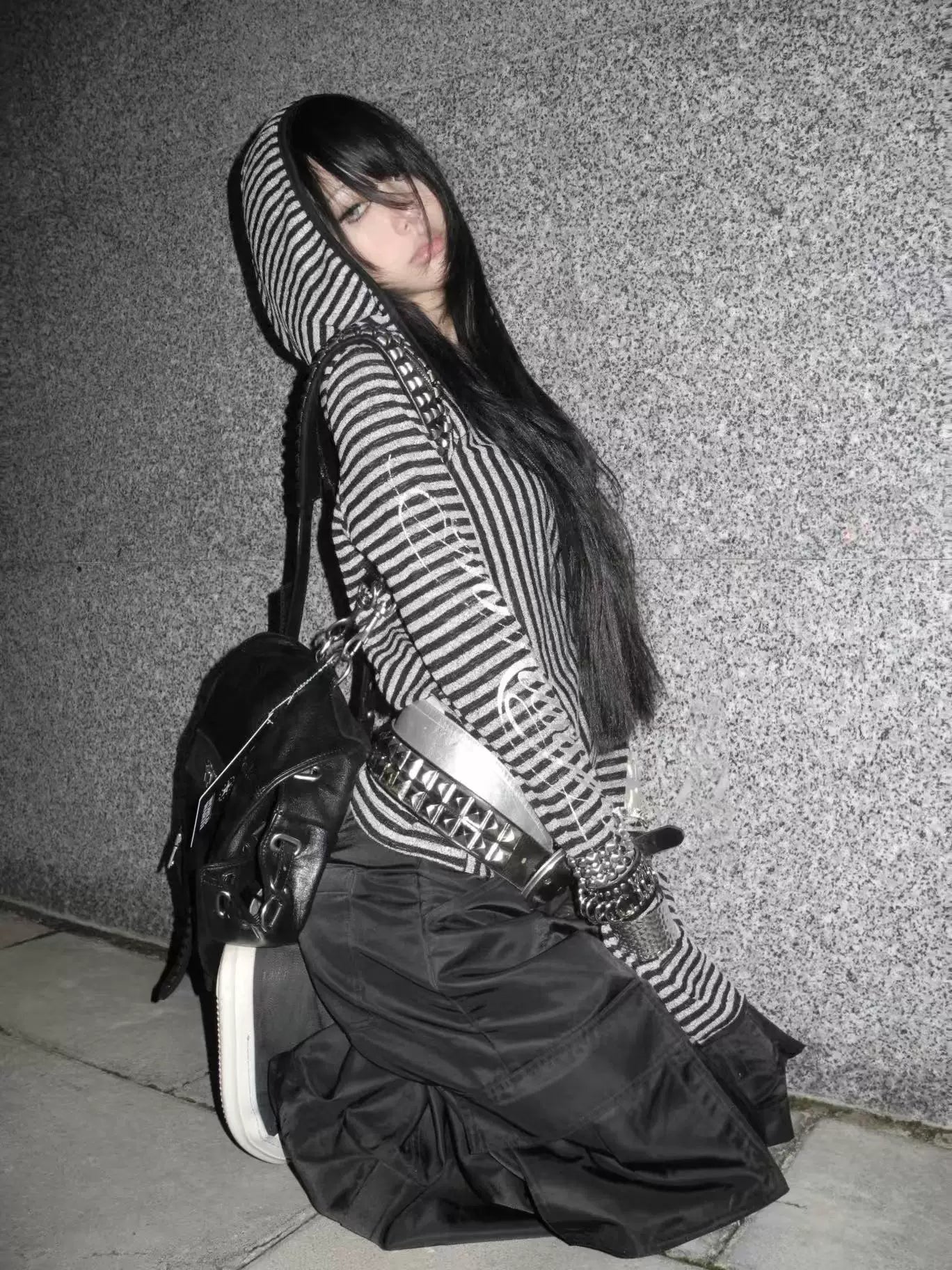 Silver Static Irregular Stripe Hooded Cover-Up Shirt