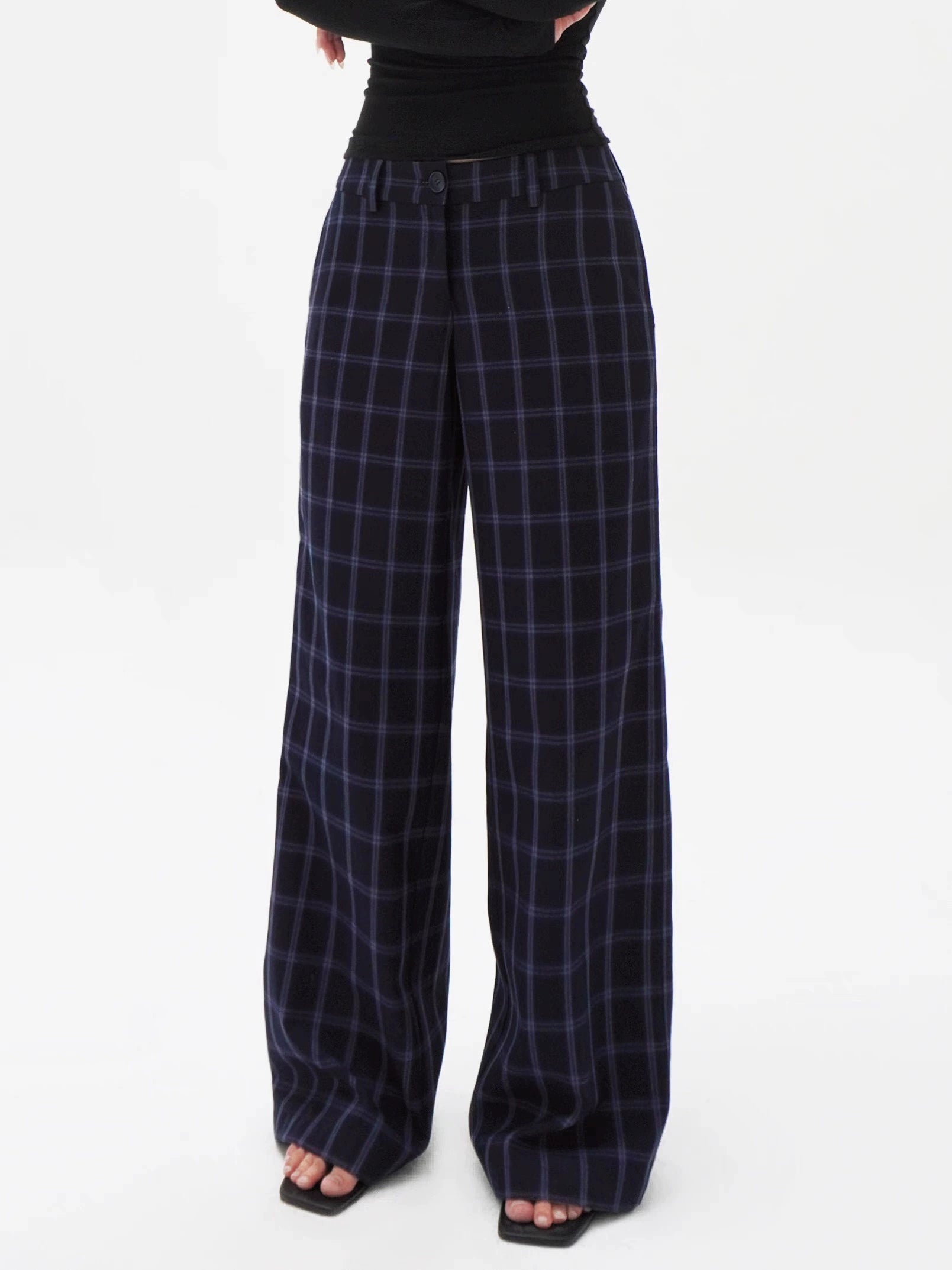 Low-Waist Blue Plaid Loose Casual Pants