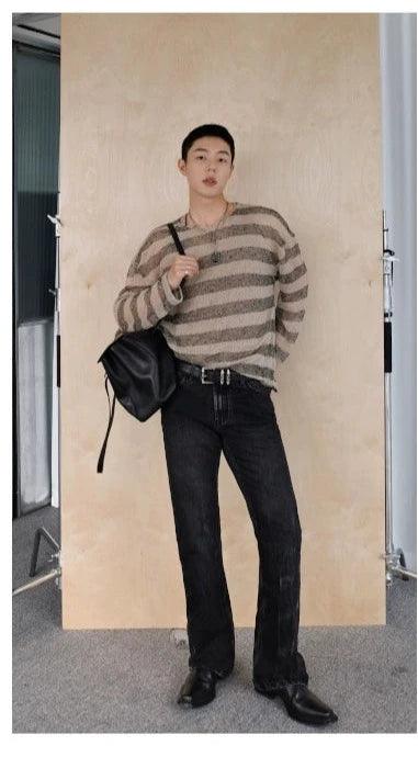 Weave Studio Striped Brown And Beige Mohair Sweater - Men'S Long Sleeve Fuzzy Knit Pullover