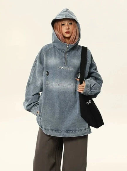 Vintage-Style Quarter-Zip Wash Denim Pullover