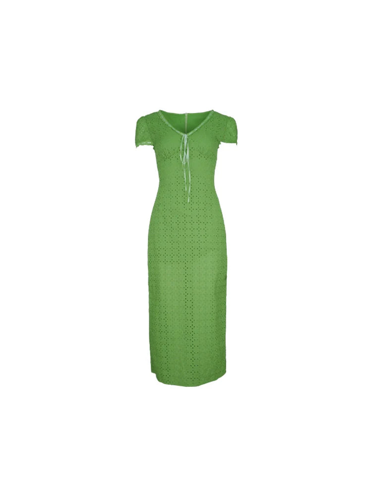 Eyelet Short Sleeve Maxi Dress with Tie Front
