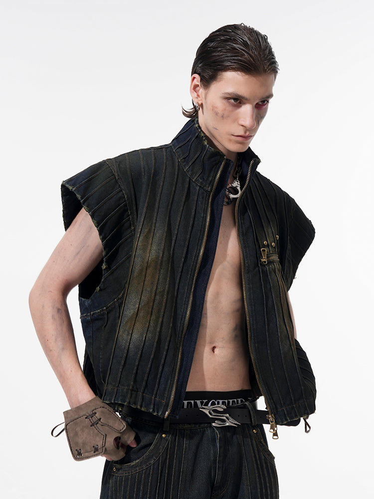 Standing-Neck Industrial Denim Jacket and Denim Pants Setup