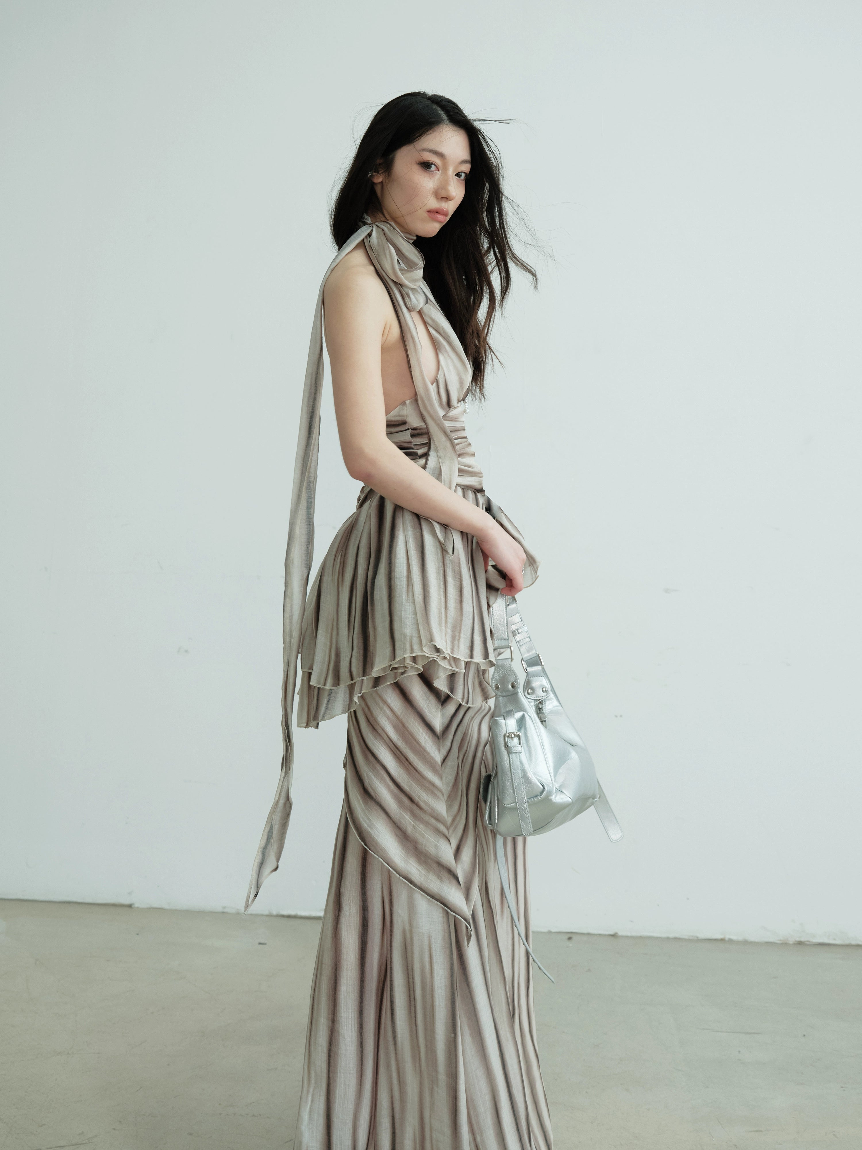 Ruched Halter Striped Two-Piece Dress Set