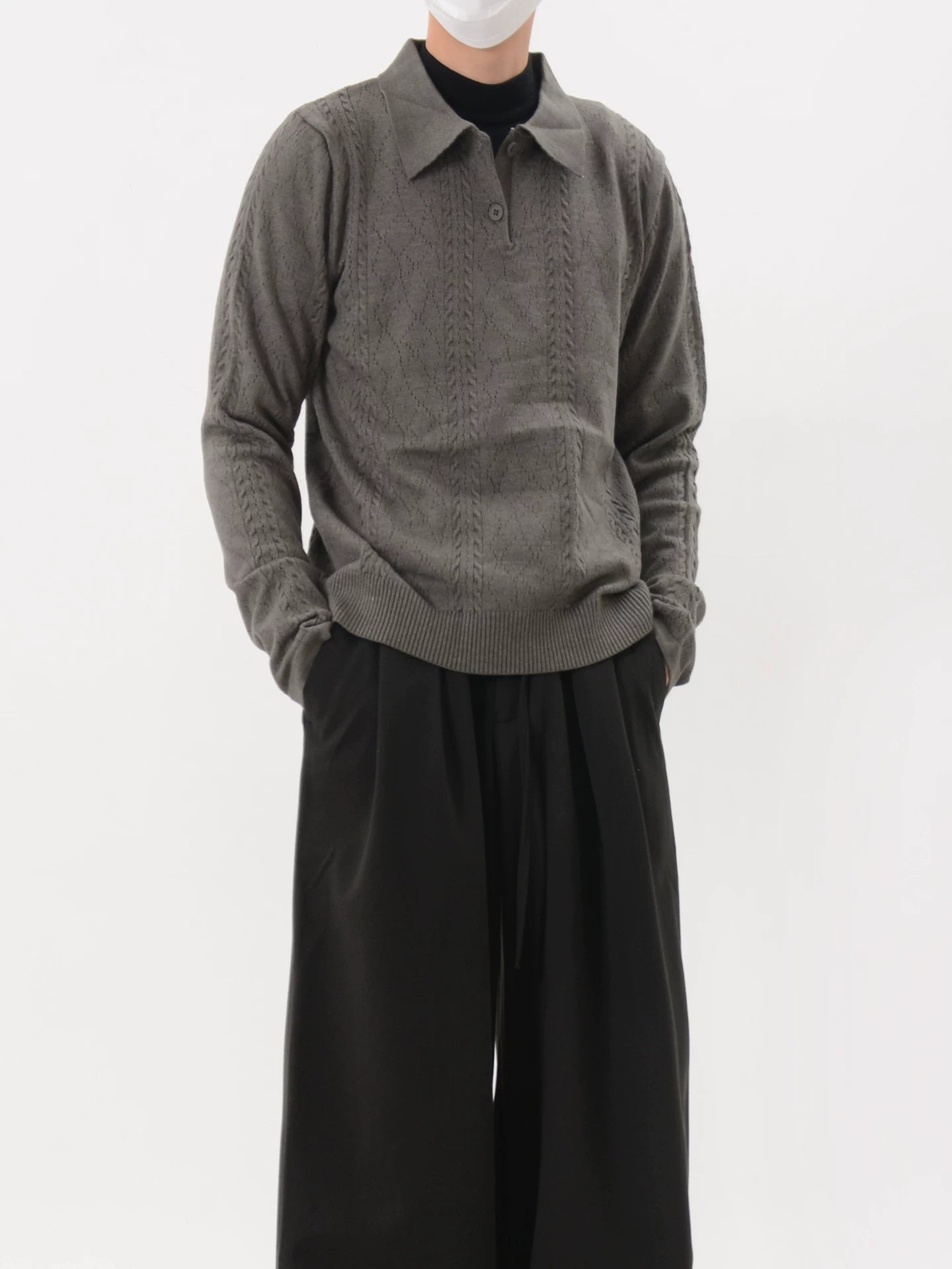 Cable Knit Long Sleeve Polo Sweater