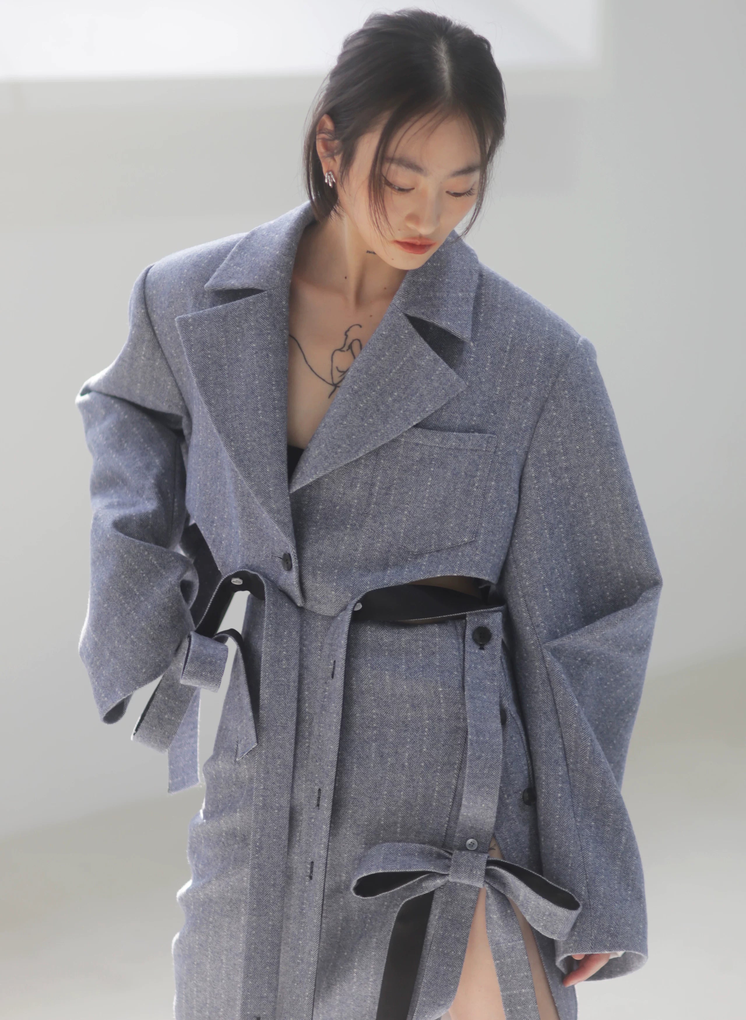 Steel Herringbone Pencil Midi Skirt