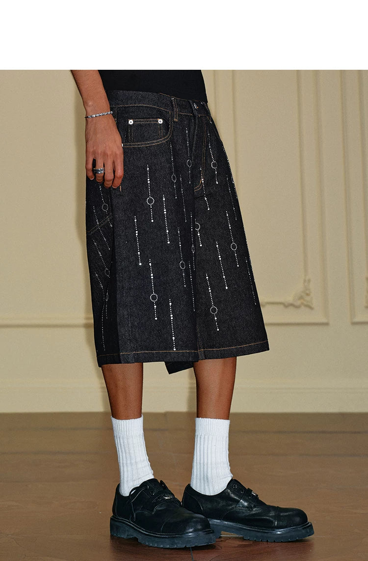 Crystal Embellished Wide Leg Denim Shorts