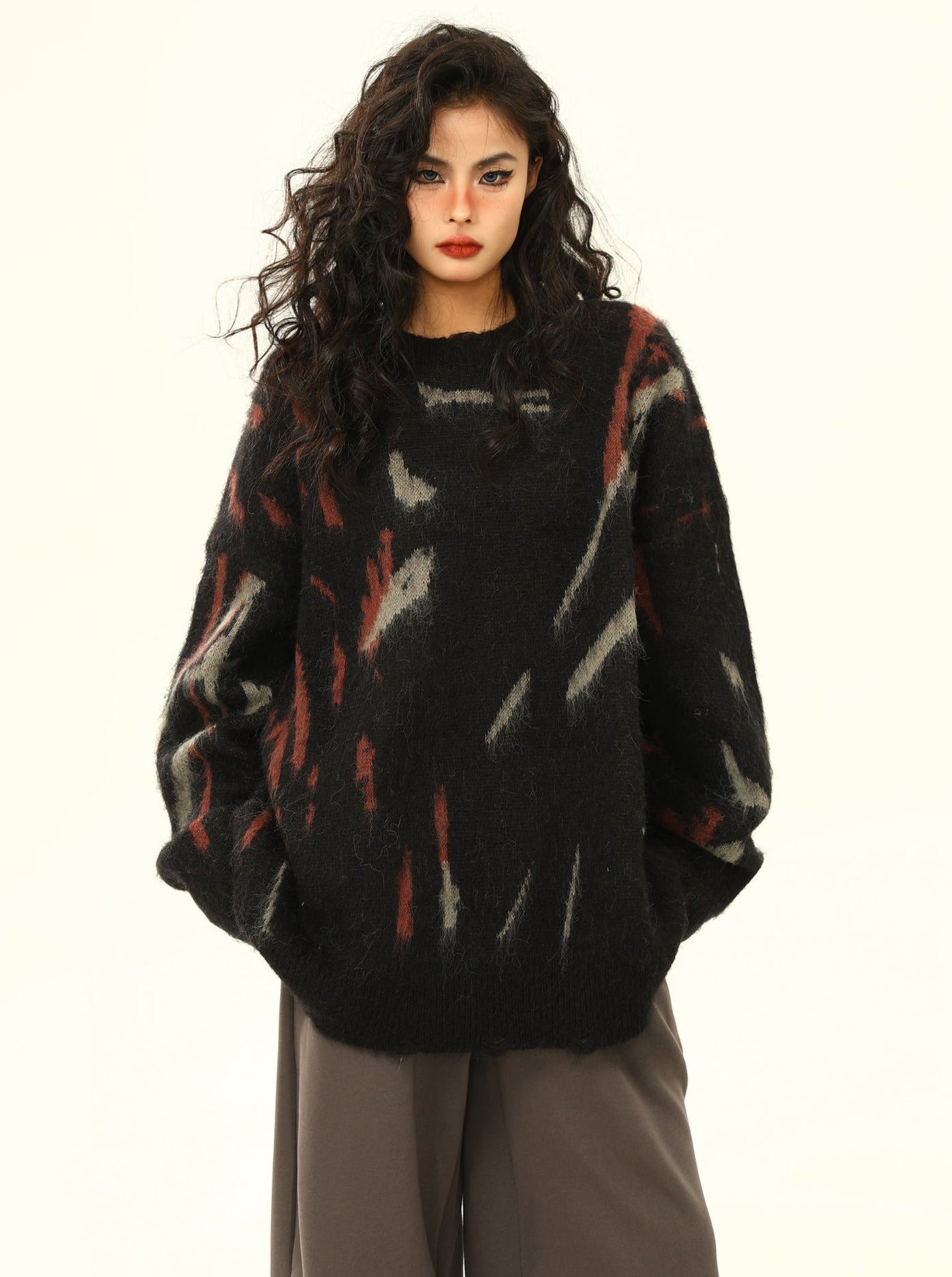 Distressed Abstract Pattern Oversized Sweater