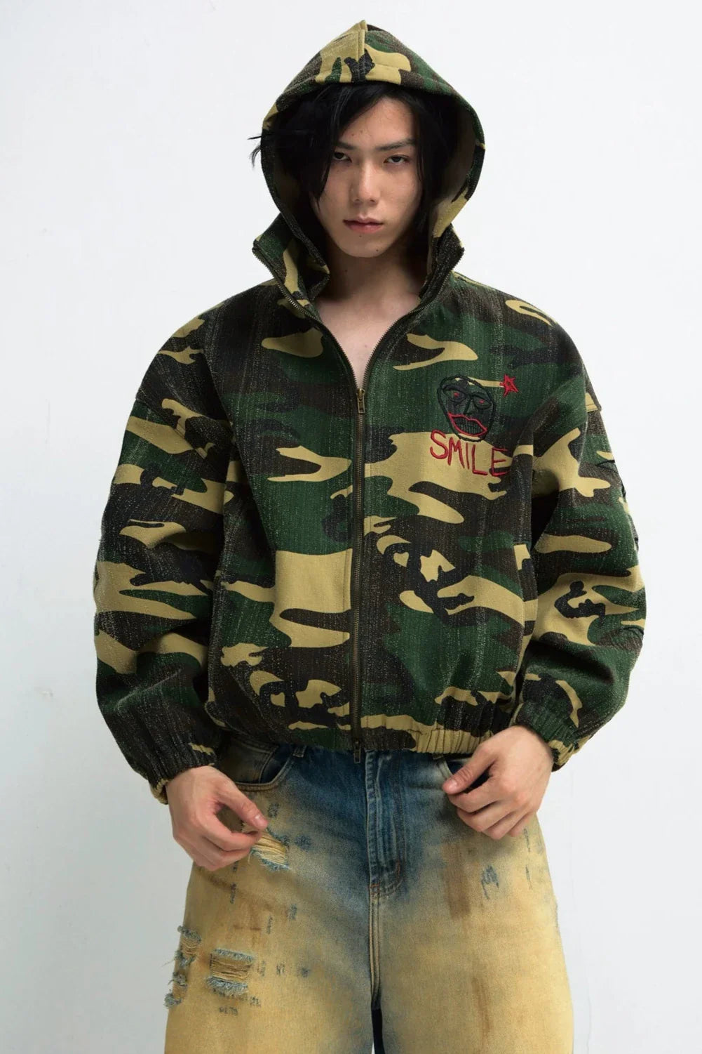Men's Punk Camouflage Tree Scratch Hooded Jacket