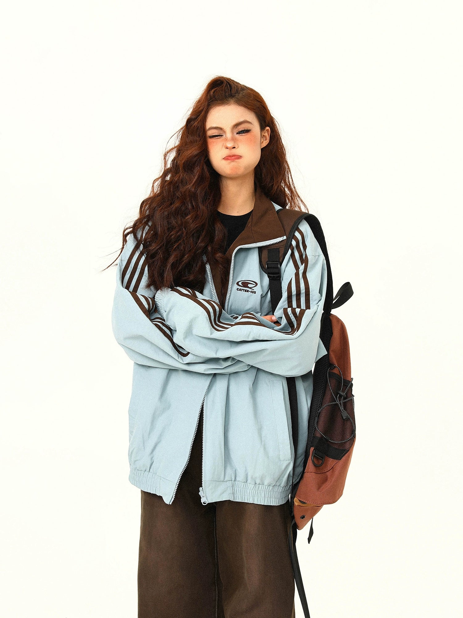 Contrast Collar Brown Bomber Jacket