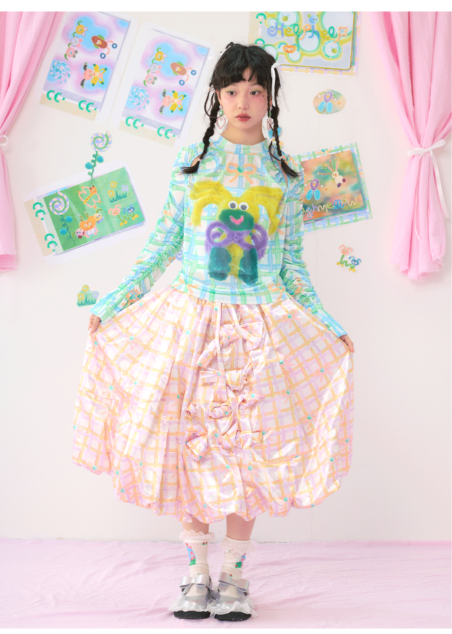 Pastel Plaid Bubble Midi Skirt