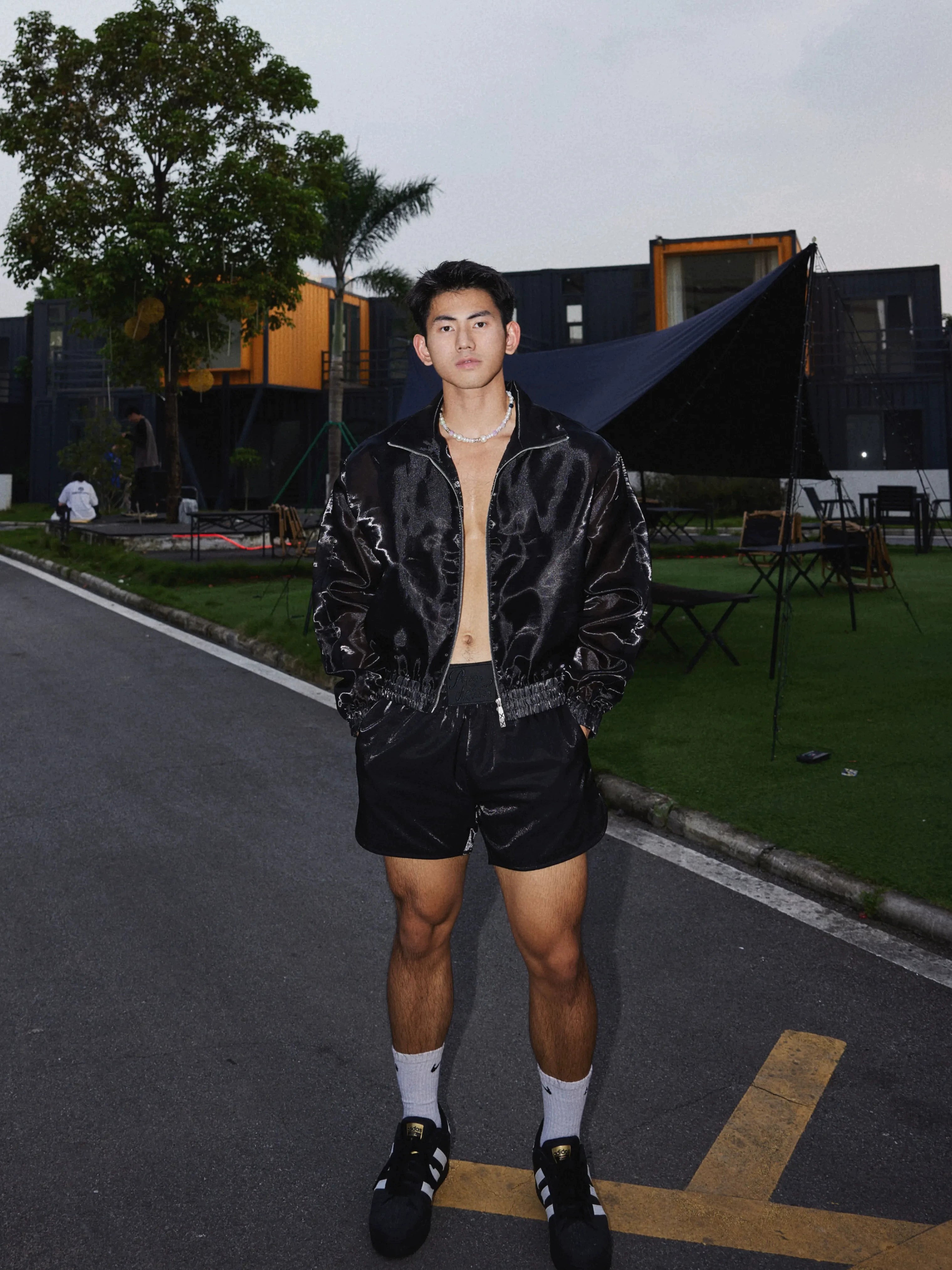 Black Glossy Zip Up Jacket and Short Setup