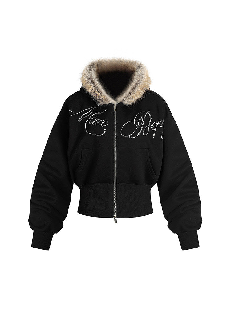 Men's Faux-Fur Hooded Rhinestone Letter Zip-Up Hoodie