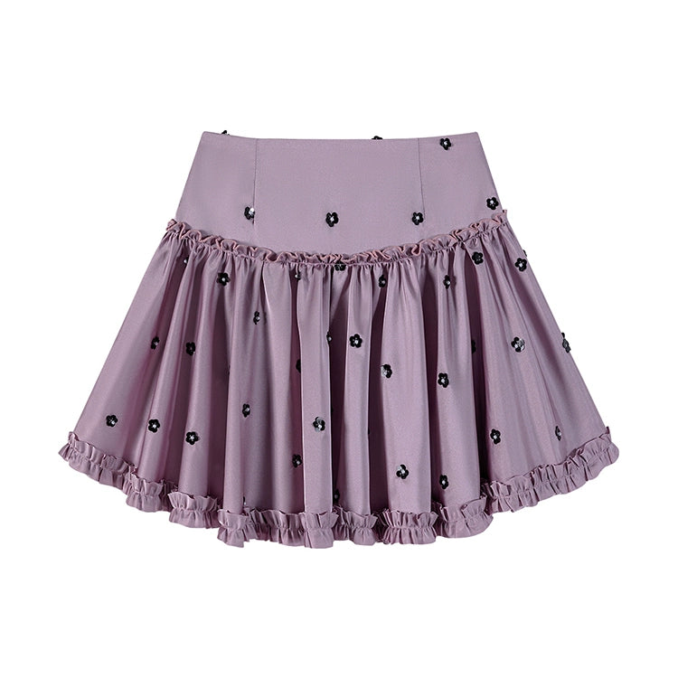 Lavender Ruffle Trim Floral Embroidered Blouse and Skirt Setup