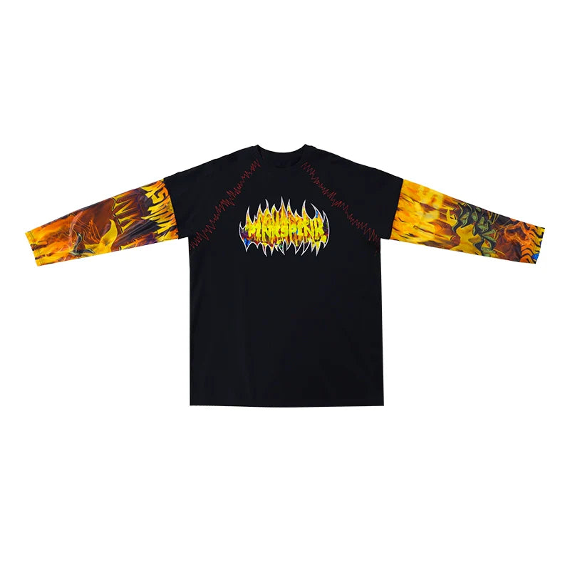 PINKSPINK Flames Metal Logo Long Sleeve Tee - Black and Flame Print