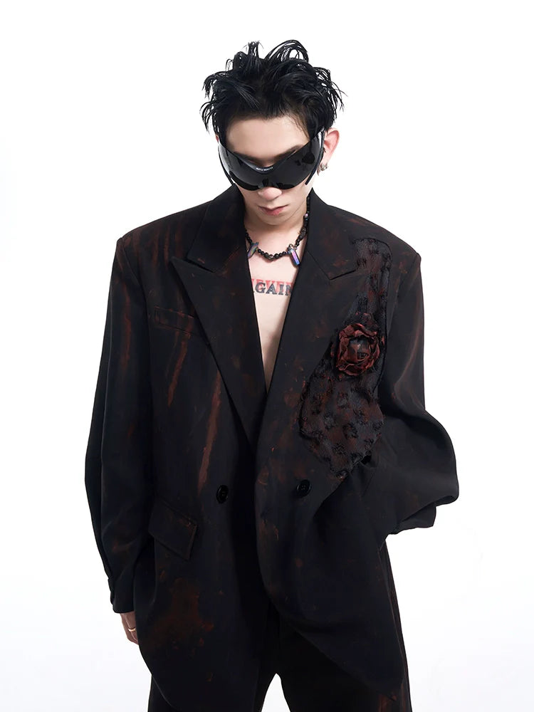 Black Floral Lapel Jacket and Wide Leg Pants Setup