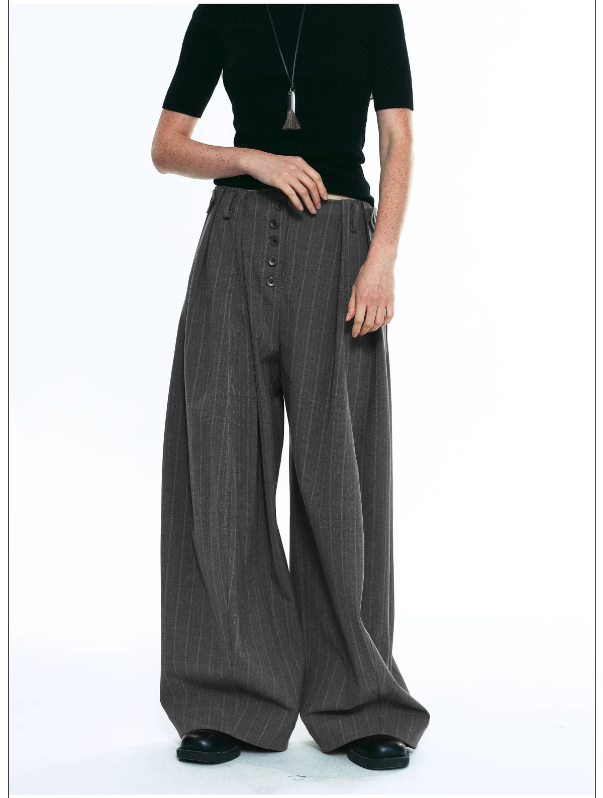 Exposed Button Pinstripe Wide Trousers