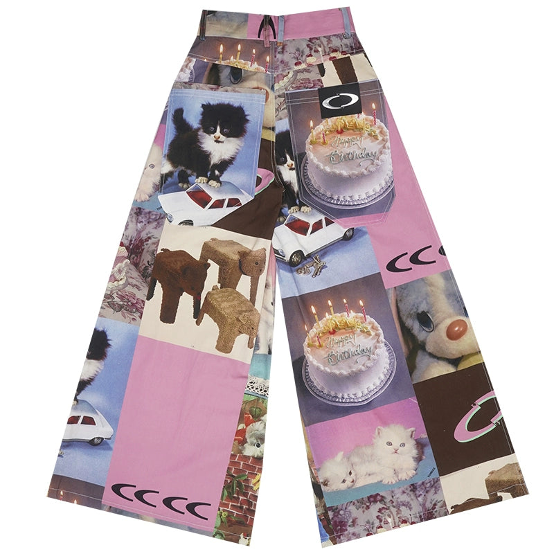 Cat Print Cake Birthday Wide-Leg Pants - chiclara