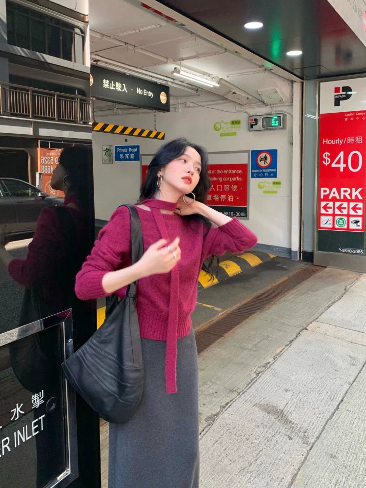 Knit Sweater with Neck Tie Detail and Side Buttons